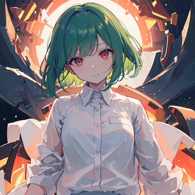 white_Background,1girl in, 独奏, Lori, 小柄,(Night_skyporn), (very_Curta_Green_hair), Hairstyle Bob, (Red_Eyes), Medium_small tits, (white_Shirt:1.5), (windbreaker), (portlate), blazing_Eyes, The background is transparent, ((masterpiece)), (Hi-Res), (best_quality), (highly_Detailed), (Original),(Very detailed 8k wallpaper),cinematlic lighting, Volume Lighting, light Particle, Shaded_Face, Beautiful_Detailed_Eyes, Depth_In the_field、point of view、frontage
