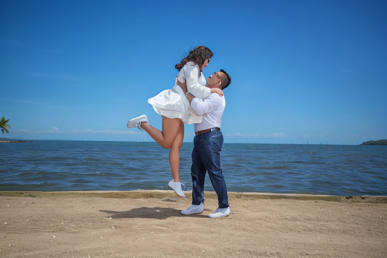 Happy couple in a photo session in view of the sea