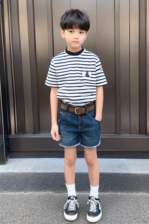 A boy wearing a striped rugby shirt, denim shorts, a leather belt, and sneakers.