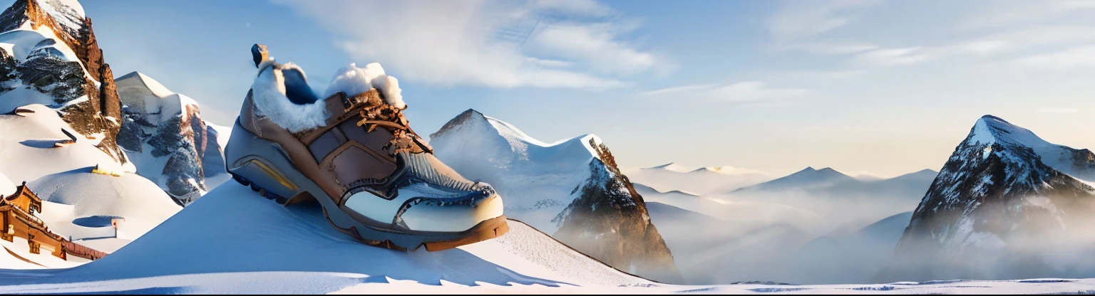 (a huge brown travel shoe),(shoes on the ground),(tmasterpiece),(Best quality),(The best shadow),(The best illustrations),(The best shadow),(Snow mountain theme),(nature elements),The background is a snowy scene,White sky。(3D quality)。(Cinematic light and shadow),(Very detailed CG unified 8k wallpaper).