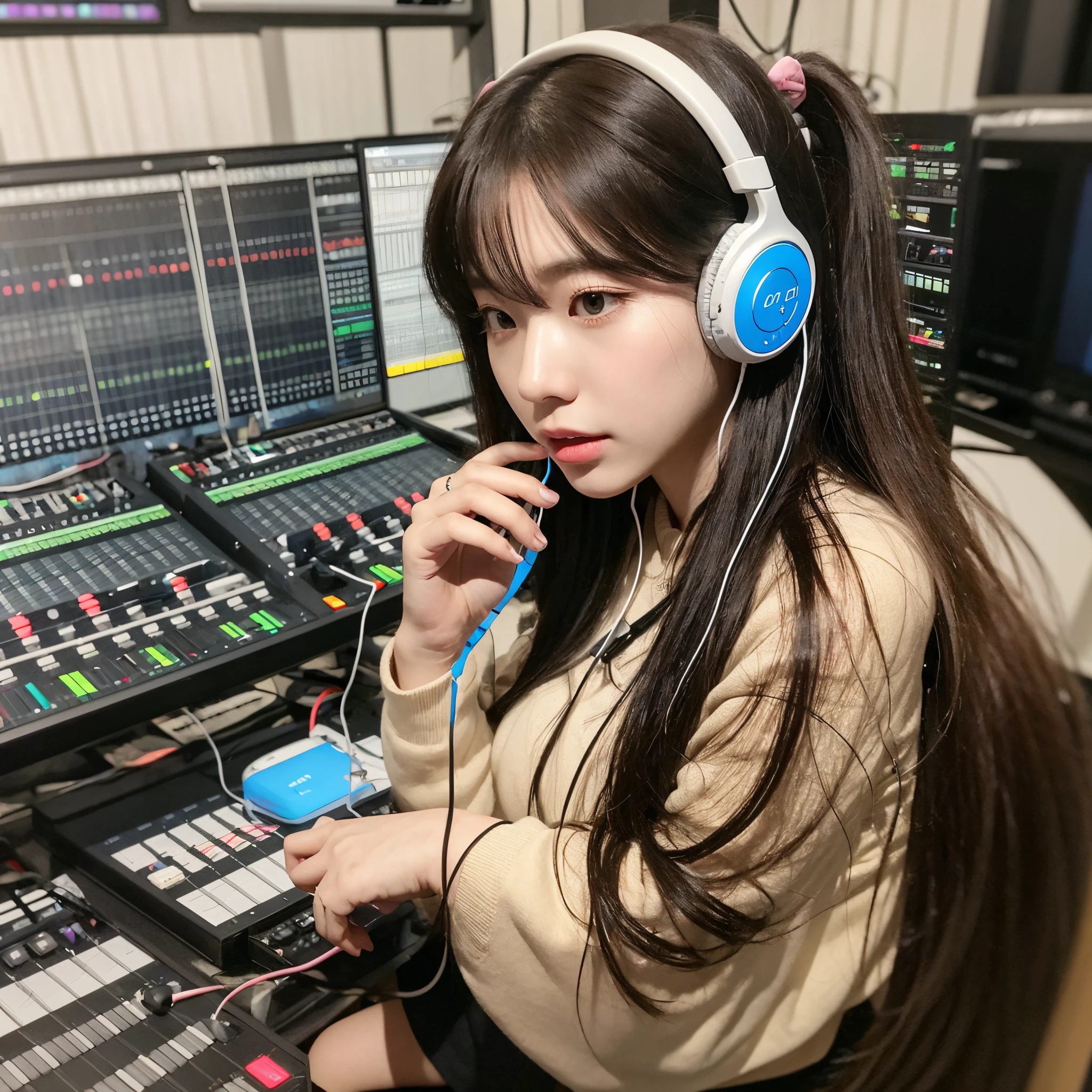 a beautiful Japanese woman is wearing a pair of earphones in a recording studio --auto --s2