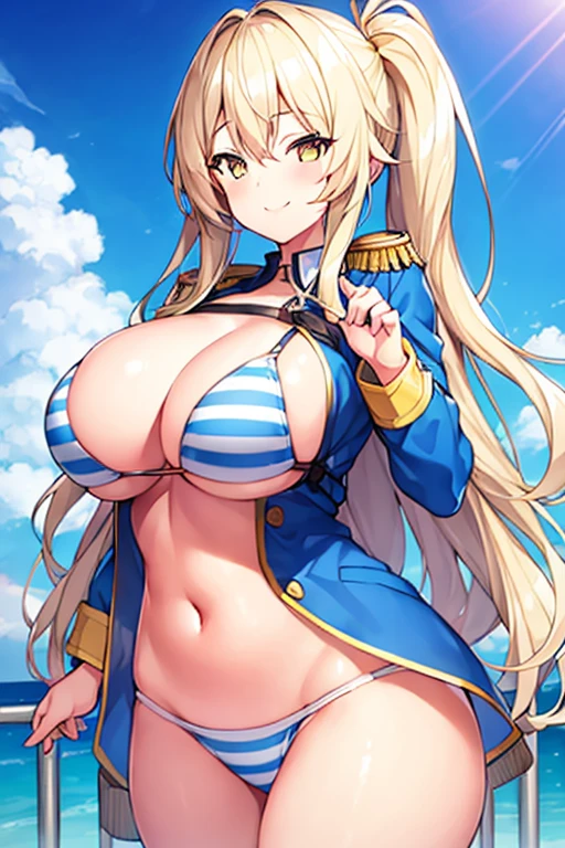 1girl, large breasts, thick thighs, wide hips, blue jacket, yellow eyes, white hair, horizontal stripes, striped bikini, smile, happy, light smile, long hair, open jacket, bikini, 2d, anime style, anime screencap, epaulettes, (blue stripes)