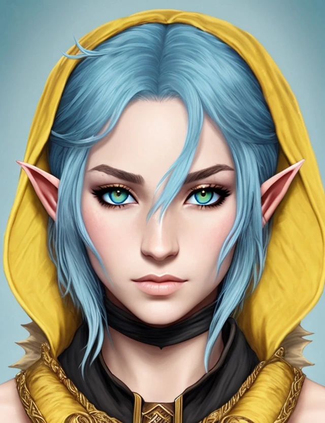 D&D, Pirate, Dragon born half elf, light blue hair, pail white skin, yellow dragon eyes, bard