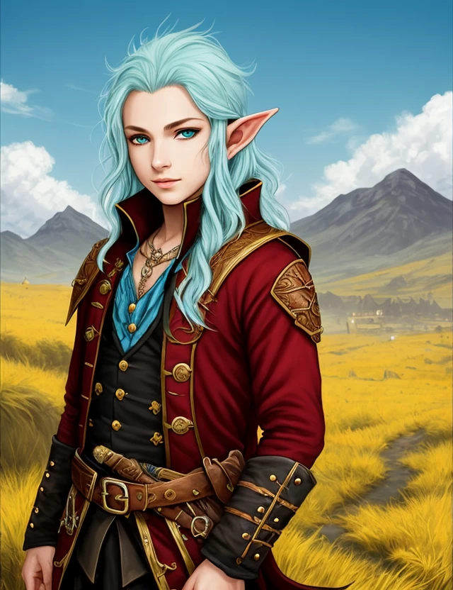 D&D, Pirate, Dragon born half elf, light blue hair, pail white skin, yellow dragon eyes, bard