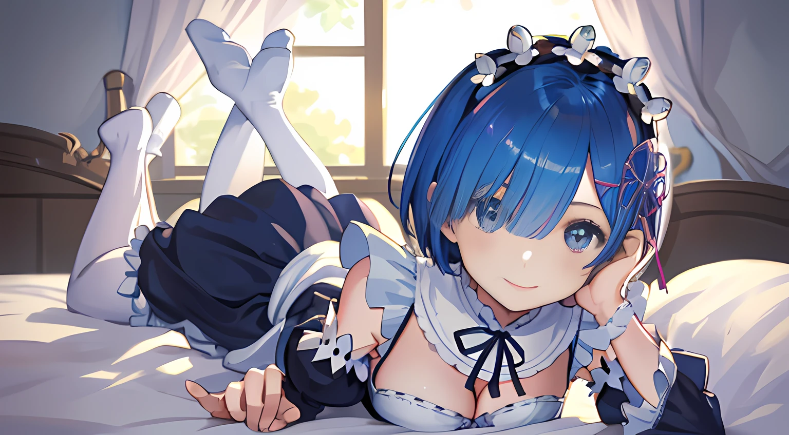 (Masterpiece, Best quality;1.3), Ultra detailed, view the viewer, Castle, lying on bed,Smile, 
REM_re_Zero, Blue hair, Short hair, Maid uniform, hair adornments, cleavage, maid headdress, Detached sleeves, ribbon