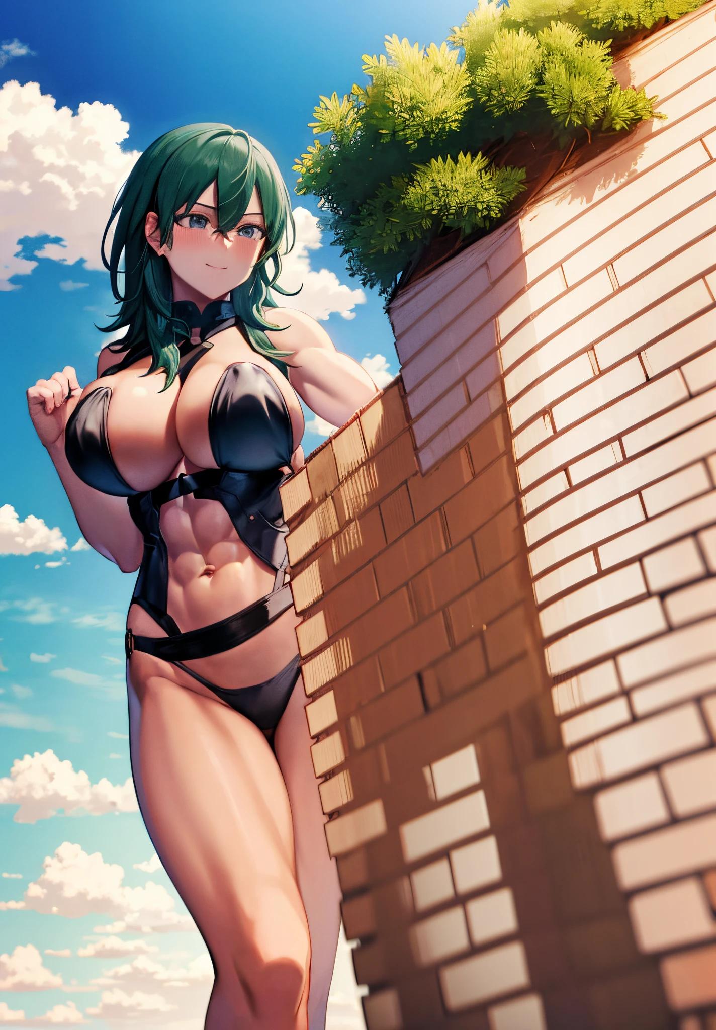 masterpiece, best quality, highres, high quality, collage, perfect image, 1girl, fem_byleth, dark green hair, , abs, long legs,  shoulders, toned muscles, biceps, triceps, face, gentle smile, blush, collarbone slim legs, underboob, aroused, (:1.4), detailed hands, giantess, countryside, open field, open sky background,