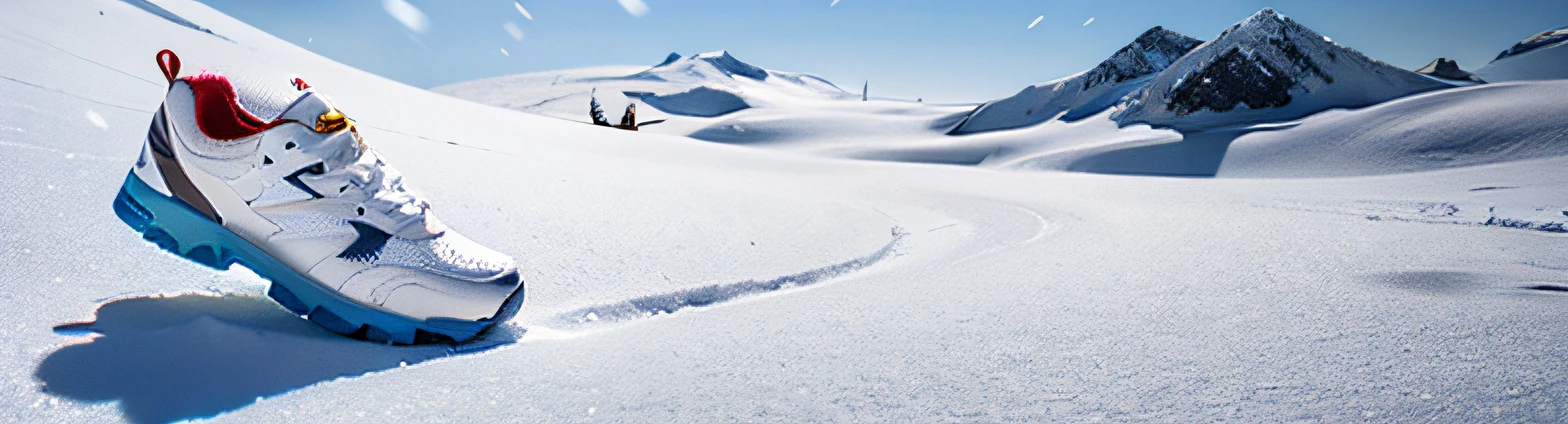 （has a huge brown sneaker）Put it on the snowy mountain，The sky is snowing，shoe particle effect，8K quality，Best rendering CG，The best shadow effect，tmasterpiece，Do not appear feet，ultra-detailliert