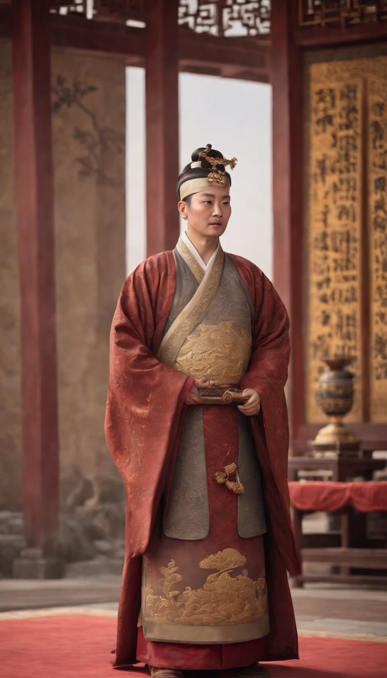 best quality,high-res,masterpiece:1.2,ultra-detailed,physically-based rendering,HDR,professional,portrait,emperor Qin Shi Huang,exquisite details,golden crown and robes,elaborate jewelries and accessories,stoic expression,detailed eyes,bold facial features,strong presence,impressive posture,ancient Chinese backdrop,majestic throne,grand hall,regal atmosphere,dramatic lighting,rich color palette,contrasting shadows and highlights,dynamic composition,meticulous brushstrokes,lifelike textures,traditional Chinese painting style,imposing aura,awe-inspiring scenery,cultural symbolism,imperial power,ruling legacy,monumental historical figure