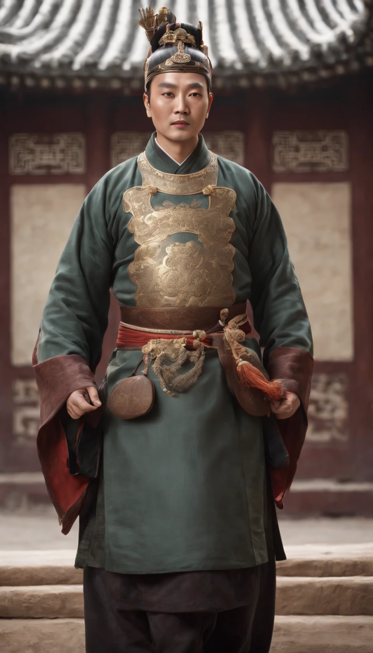 best quality,high-res,masterpiece:1.2,ultra-detailed,physically-based rendering,HDR,professional,portrait,emperor Qin Shi Huang,exquisite details,golden crown and robes,elaborate jewelries and accessories,stoic expression,detailed eyes,bold facial features,strong presence,impressive posture,ancient Chinese backdrop,majestic throne,grand hall,regal atmosphere,dramatic lighting,rich color palette,contrasting shadows and highlights,dynamic composition,meticulous brushstrokes,lifelike textures,traditional Chinese painting style,imposing aura,awe-inspiring scenery,cultural symbolism,imperial power,ruling legacy,monumental historical figure