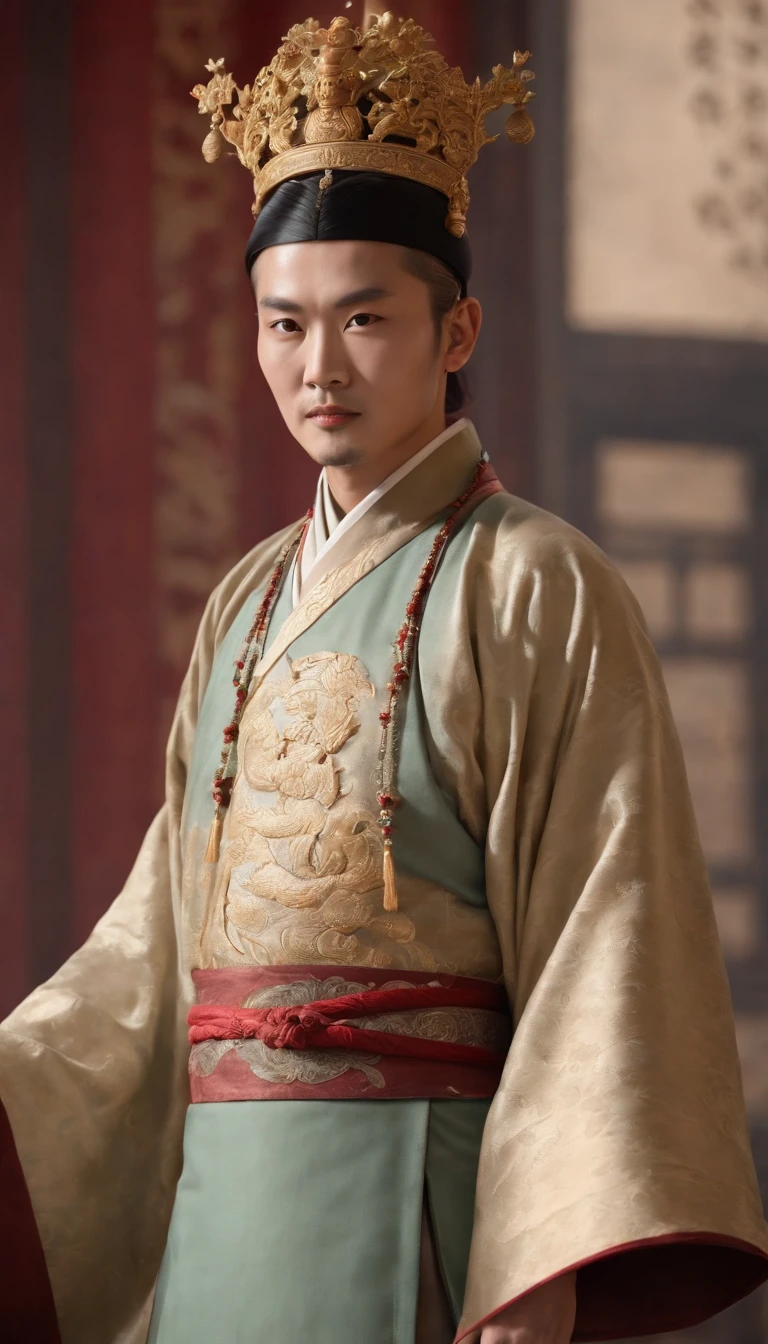 best quality,high-res,masterpiece:1.2,ultra-detailed,physically-based rendering,HDR,professional,portrait,emperor Qin Shi Huang,exquisite details,golden crown and robes,elaborate jewelries and accessories,stoic expression,detailed eyes,bold facial features,strong presence,impressive posture,ancient Chinese backdrop,majestic throne,grand hall,regal atmosphere,dramatic lighting,rich color palette,contrasting shadows and highlights,dynamic composition,meticulous brushstrokes,lifelike textures,traditional Chinese painting style,imposing aura,awe-inspiring scenery,cultural symbolism,imperial power,ruling legacy,monumental historical figure