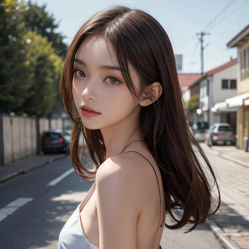 a beauty girl,((Matte skin))、The wind is blowing、Well-formed face、14years、8Head and body、a small face、A slender、Very skinny、skinny、torso, tiny chest、discreet breasts、Model body type、Lustrous hair、Backgrounds that look like real photos、Girls who do their best to be fashionable、tall、Height 185 cm、wrist watch、