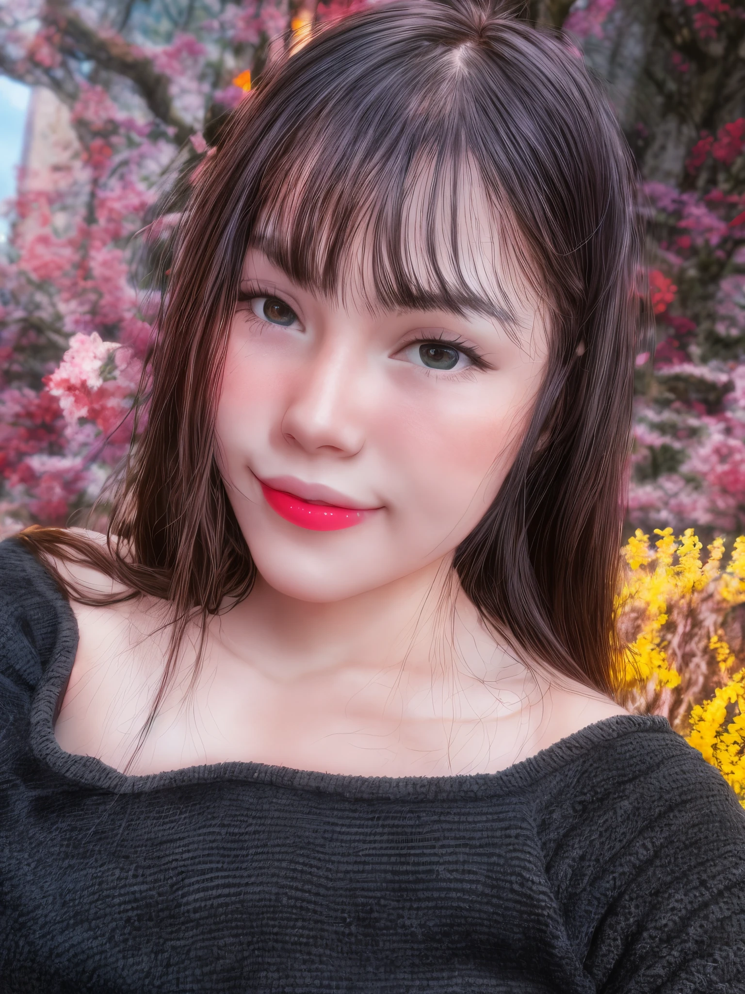 Face has not changed much from the original photo, pink white skin, unchanged face, facial details, pink lips, black hair, sunlight shining on hair, beautiful natural landscape, 25 years old , enchanting smile, road background image
