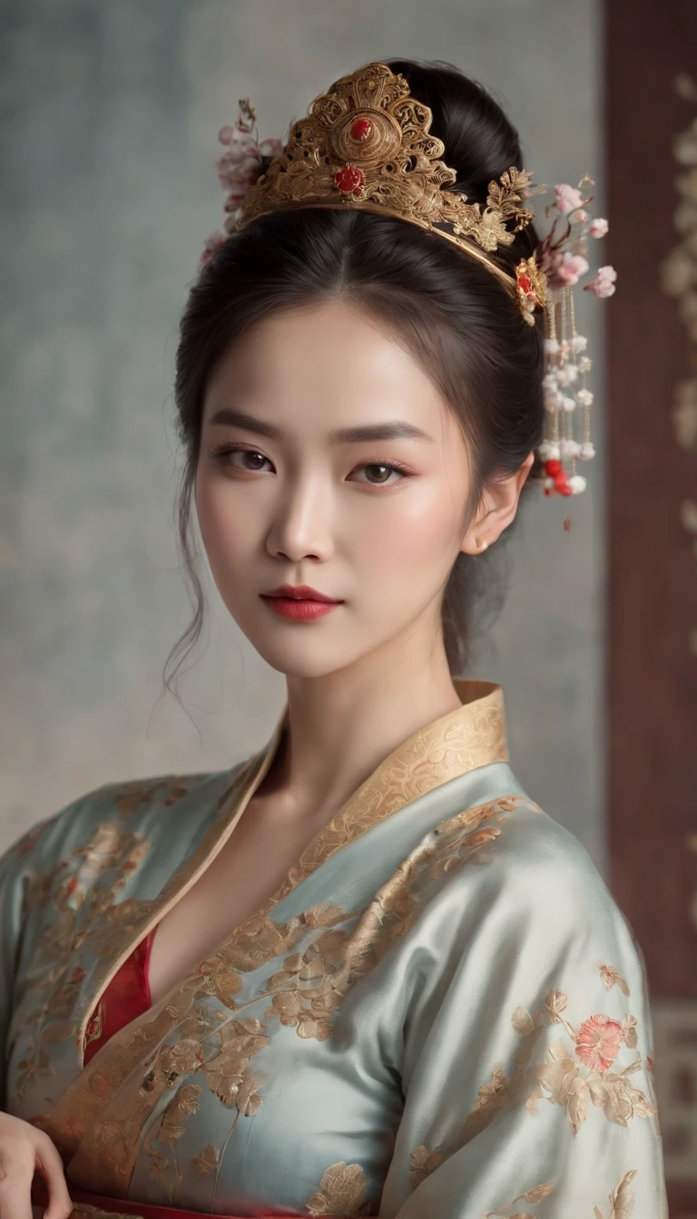 best quality,4k,highres,masterpiece:1.2,ultra-detailed,realistic:1.37,Wu Zetian,beautiful detailed eyes,beautiful detailed lips,extremely detailed face,ancient Chinese empress,stunning beauty,dignified expression,elegant attire,imposing presence,royal background,delicate jewelry,elaborate crown,gorgeous silk robes,fierce and confident gaze,regal and commanding pose,meticulously painted portrait,soft lighting,impressive brushwork,vivid colors,traditional Chinese painting style,HDR,UHD,stunning portrait,Louise Cao's artwork.
