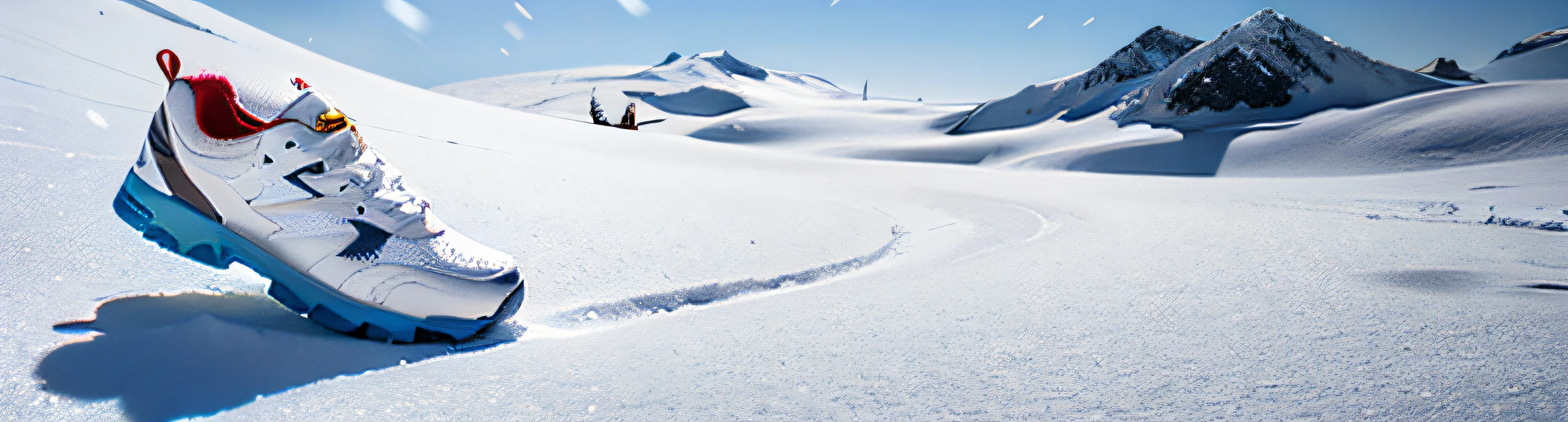 (has a huge brown sneaker)Put it on the snowy mountain,The sky is snowing,shoe particle effect,8K quality,Best rendering CG,The best shadow effect,tmasterpiece,Do not appear feet,ultra-detailliert
