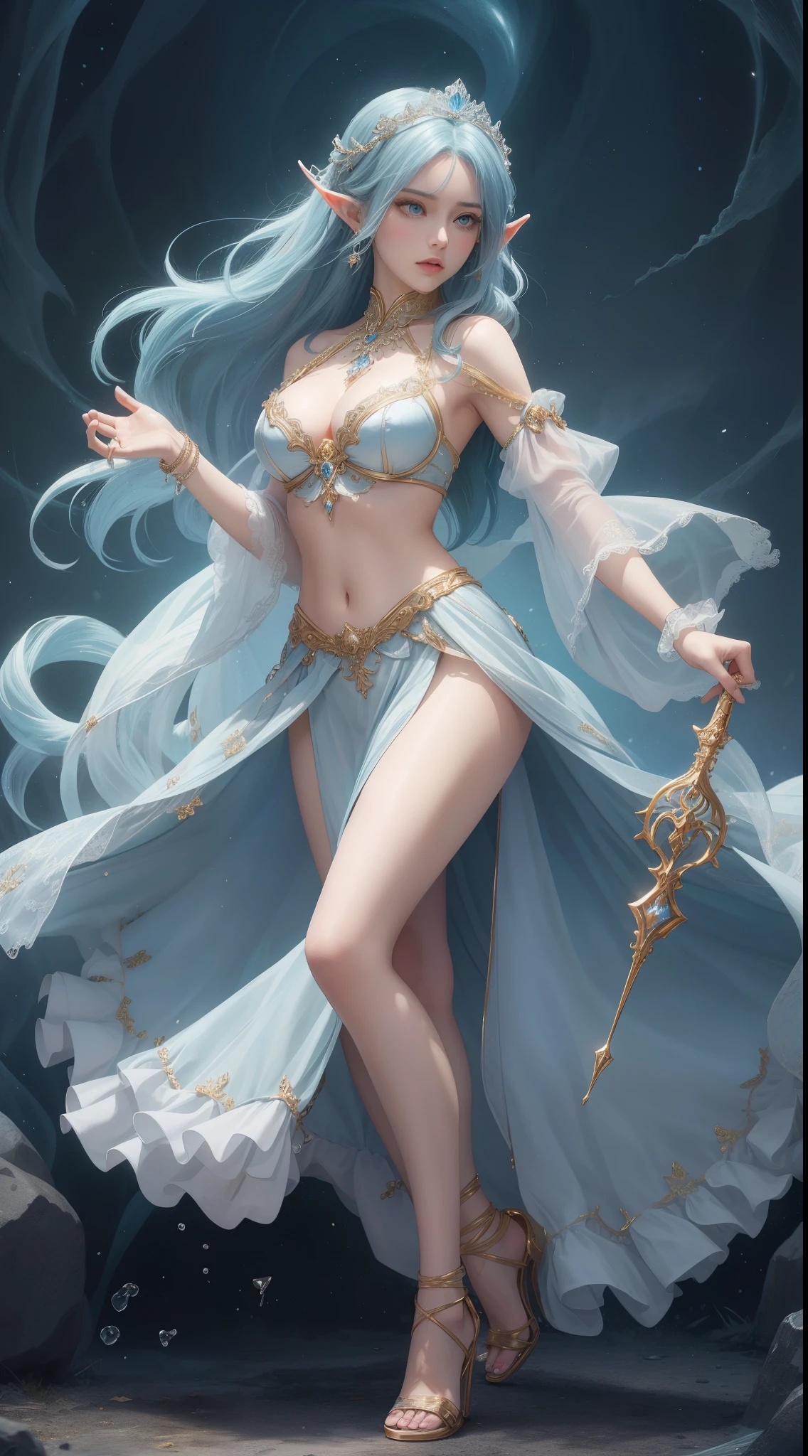 tmasterpiece,Highest image quality,Beautiful full body portrait of noble elf dancer,Exquisite sky blue hairstyle,Clear golden eyes,veils,White midriff-baring dance costume,heeled sandals,Has a dazzling array of、Well made jewelry,Ultra-detailed details,advanced。At the Pixiv Art Station,Break your own power,Luigi,Big breasts exposing cleavage,R-18G