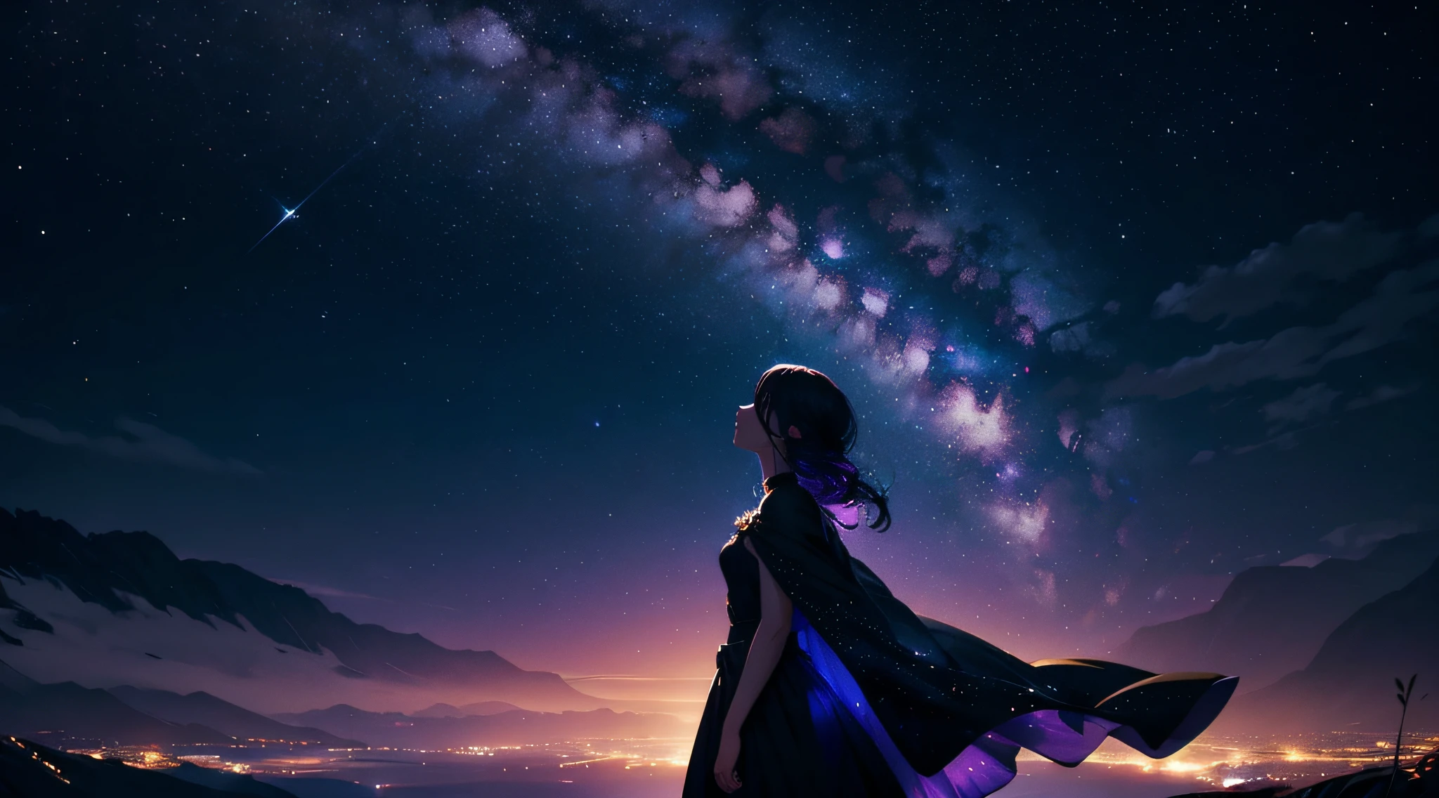 "Capture a photo of a person's silhouette gazing at the night sky. In the digital manipulation process, infuse the image with celestial elements and a mystical ambiance. Enhance the sky with cosmic hues, blending deep purples, blues, and hints of iridescent light. Introduce ethereal constellations, creating patterns that tell a unique story. Place a subtle celestial glow around the figure, portraying a connection to the cosmic energy above. Experiment with incorporating nebula-like textures into the silhouette, giving it an otherworldly essence. Lastly, add a touch of stardust or light particles, creating a dreamy and magical atmosphere. Additionally, include a lunar eclipse-shaped crown in the dark silhouette, adorned with golden tones. The goal is to transform a simple night sky gaze into a celestial reverie, capturing the viewer's imagination with a sense of wonder and awe."