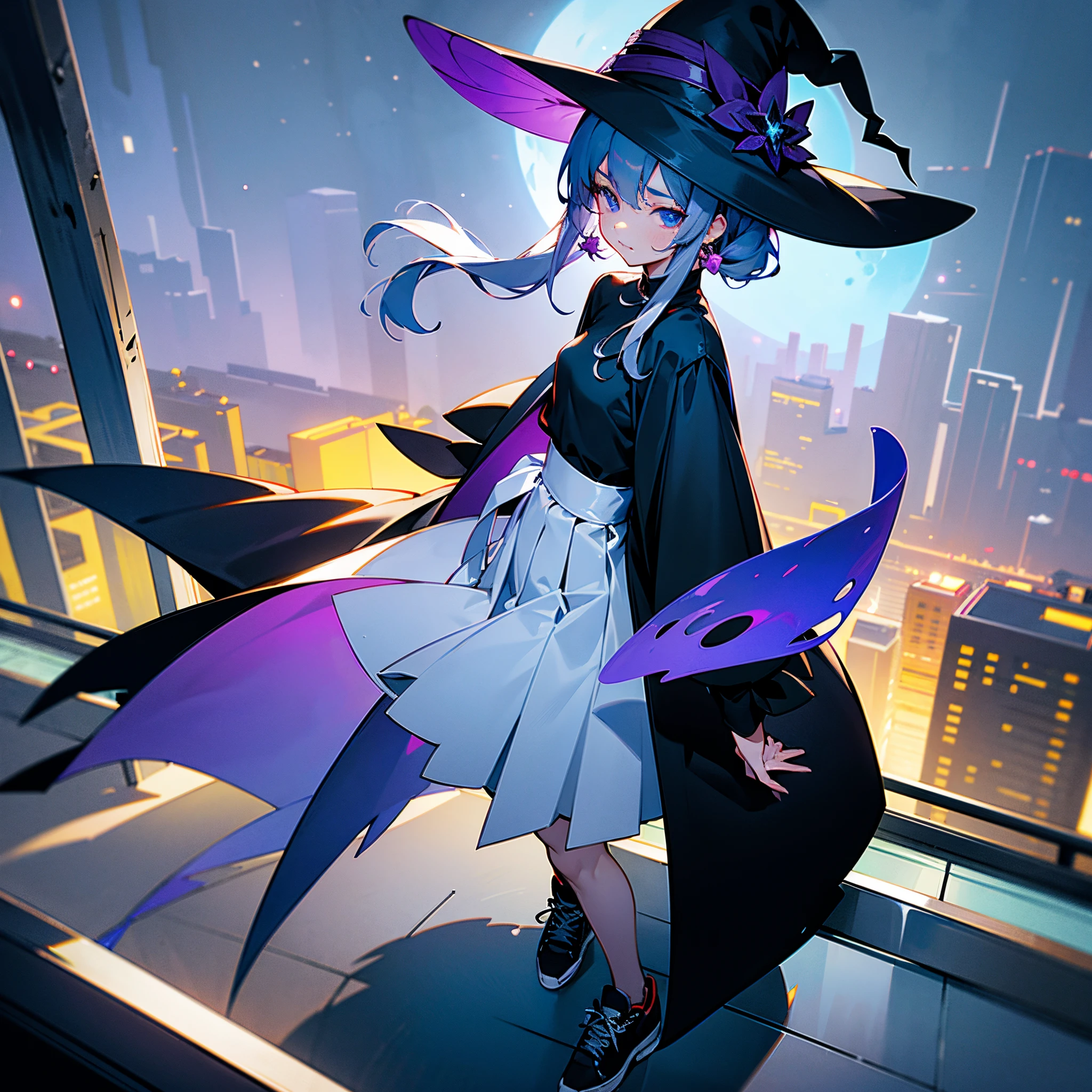 This is the rooftop of a skyscraper in Tokyo.、It's late at night now.、You can see the night view of many low buildings in the background.、Photograph her from above、Small moon and starry sky、You can see the beautiful sea with the moonlight reflecting in the distance.、Photograph her from an angle of 45 degrees above、One 27-year-old woman with small breasts、adult lady、Older sister、She wears a large black witch hat with sapphire accessories、Medium short silver hair with reddish-purple mesh、He is looking at me with a cool face and confused eyes.、Blue eyes with highlights、She is wearing a long black coat over a white t-shirt、White camisole、White bra、White bath towel、Black pleated skirt、Black sneakers with white shoelaces、small tits、discreet breasts、full-shot、hiquality、High Details、high-level image quality、4K picture quality、beatiful backgrounds