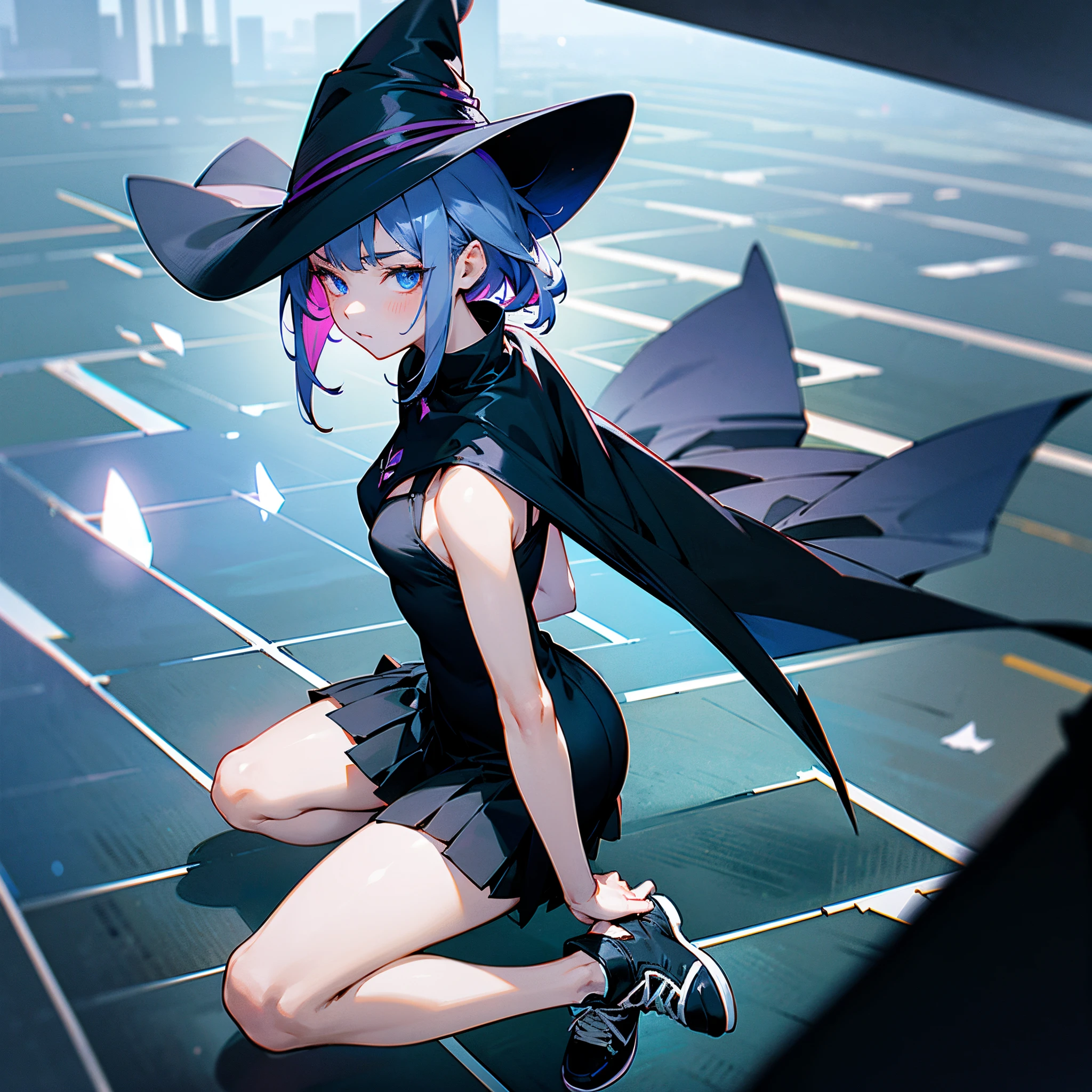 This is the rooftop of a skyscraper in Tokyo.、It's late at night now.、You can see the night view of many low buildings in the background.、Photograph her from above、Small moon and starry sky、You can see the beautiful sea with the moonlight reflecting in the distance.、Photograph her from an angle of 45 degrees above、One 27-year-old woman with small breasts、adult lady、Older sister、She wears a large black witch hat with sapphire accessories、Medium short silver hair with reddish-purple mesh、He is looking at me with a cool face and confused eyes.、Blue eyes with highlights、She is wearing a long black coat over a white t-shirt、White camisole、White bra、White bath towel、Black pleated skirt、Black sneakers with white shoelaces、small tits、discreet breasts、full-shot、hiquality、High Details、high-level image quality、4K picture quality、beatiful backgrounds