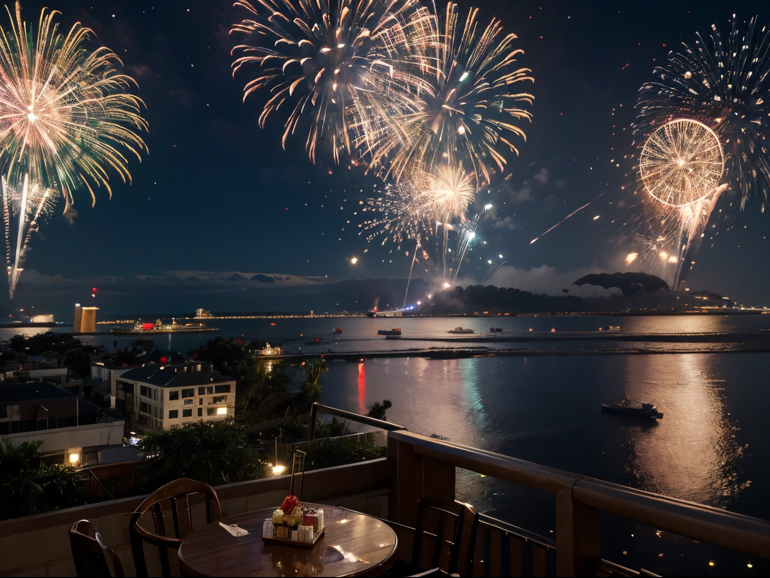New Year Celebrations with drinks, food, desserts and fireworks, futuristic and modern.