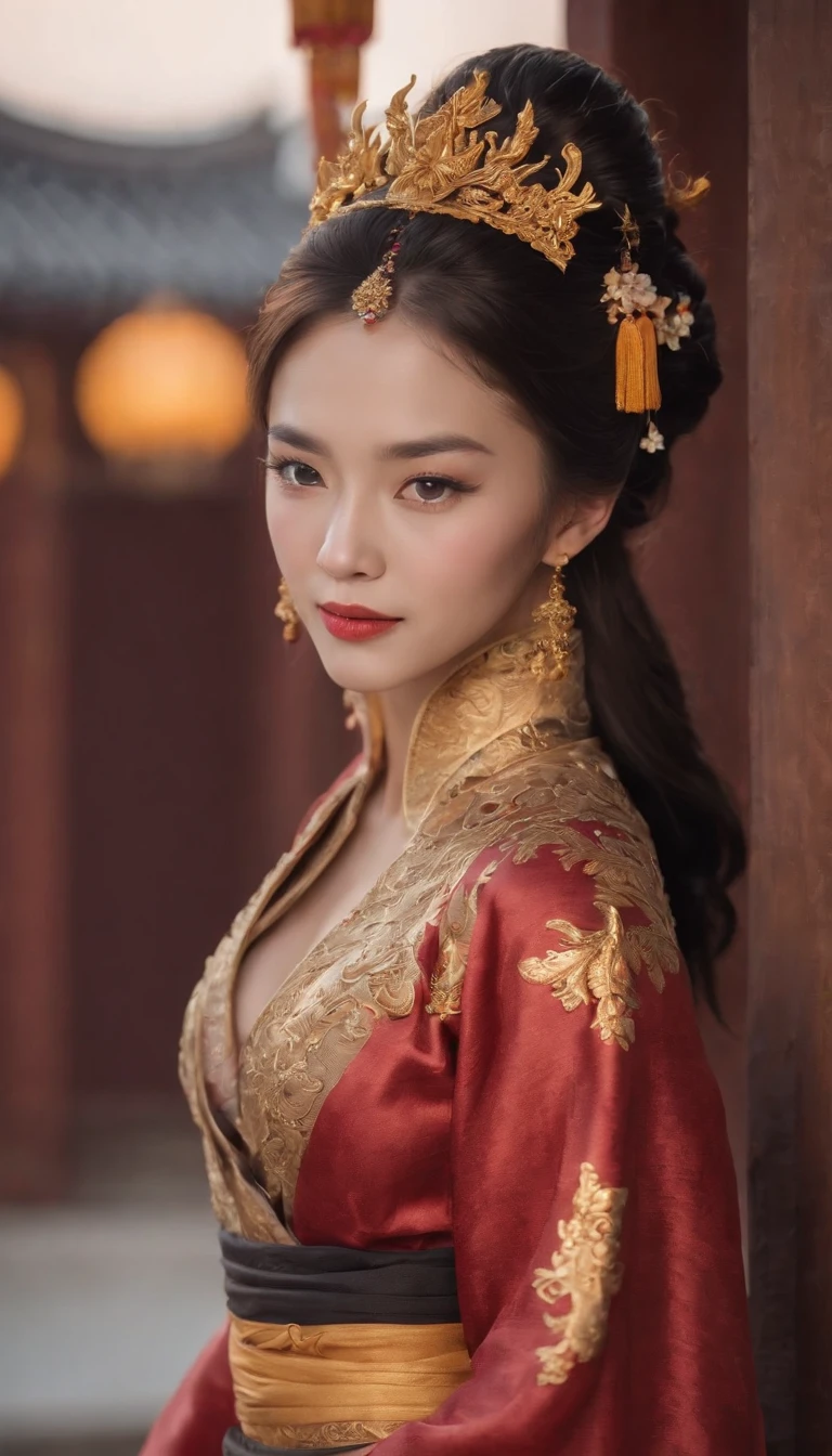 (best quality,4k,highres,masterpiece:1.2),ultra-detailed,realistic,portrait,detailed eyes,noble expression,detailed lips,long eyelashes,[Imperial Dragon Robe],gold and black,dragon embroidered,regal posture,emperor,throned on a Dragon Throne,ornate,[Golden Luanyan Palace],grand,royal atmosphere,decorated surroundings,flickering candlelight,vivid colors,bokeh.