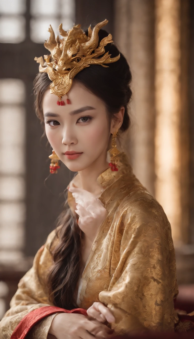 (best quality,4k,highres,masterpiece:1.2),ultra-detailed,realistic,portrait,detailed eyes,noble expression,detailed lips,long eyelashes,[Imperial Dragon Robe],gold and black,dragon embroidered,regal posture,emperor,throned on a Dragon Throne,ornate,[Golden Luanyan Palace],grand,royal atmosphere,decorated surroundings,flickering candlelight,vivid colors,bokeh.