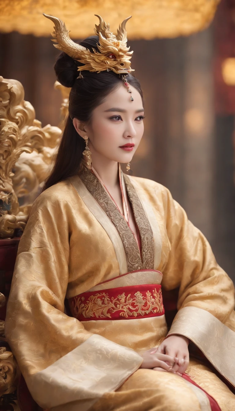 (best quality,4k,highres,masterpiece:1.2),ultra-detailed,realistic,portrait,detailed eyes,noble expression,detailed lips,long eyelashes,[Imperial Dragon Robe],gold and black,dragon embroidered,regal posture,emperor,throned on a Dragon Throne,ornate,[Golden Luanyan Palace],grand,royal atmosphere,decorated surroundings,flickering candlelight,vivid colors,bokeh.