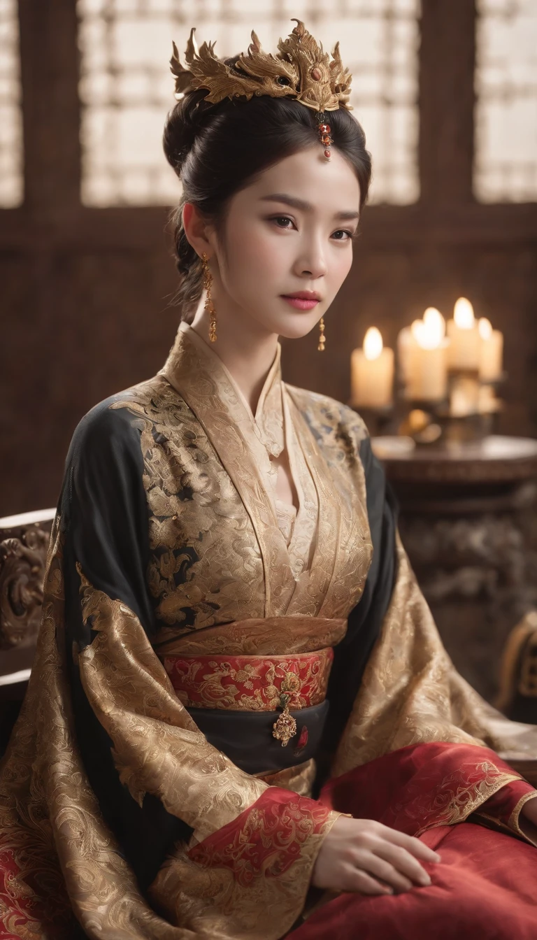 (best quality,4k,highres,masterpiece:1.2),ultra-detailed,realistic,portrait,detailed eyes,noble expression,detailed lips,long eyelashes,[Imperial Dragon Robe],gold and black,dragon embroidered,regal posture,emperor,throned on a Dragon Throne,ornate,[Golden Luanyan Palace],grand,royal atmosphere,decorated surroundings,flickering candlelight,vivid colors,bokeh.