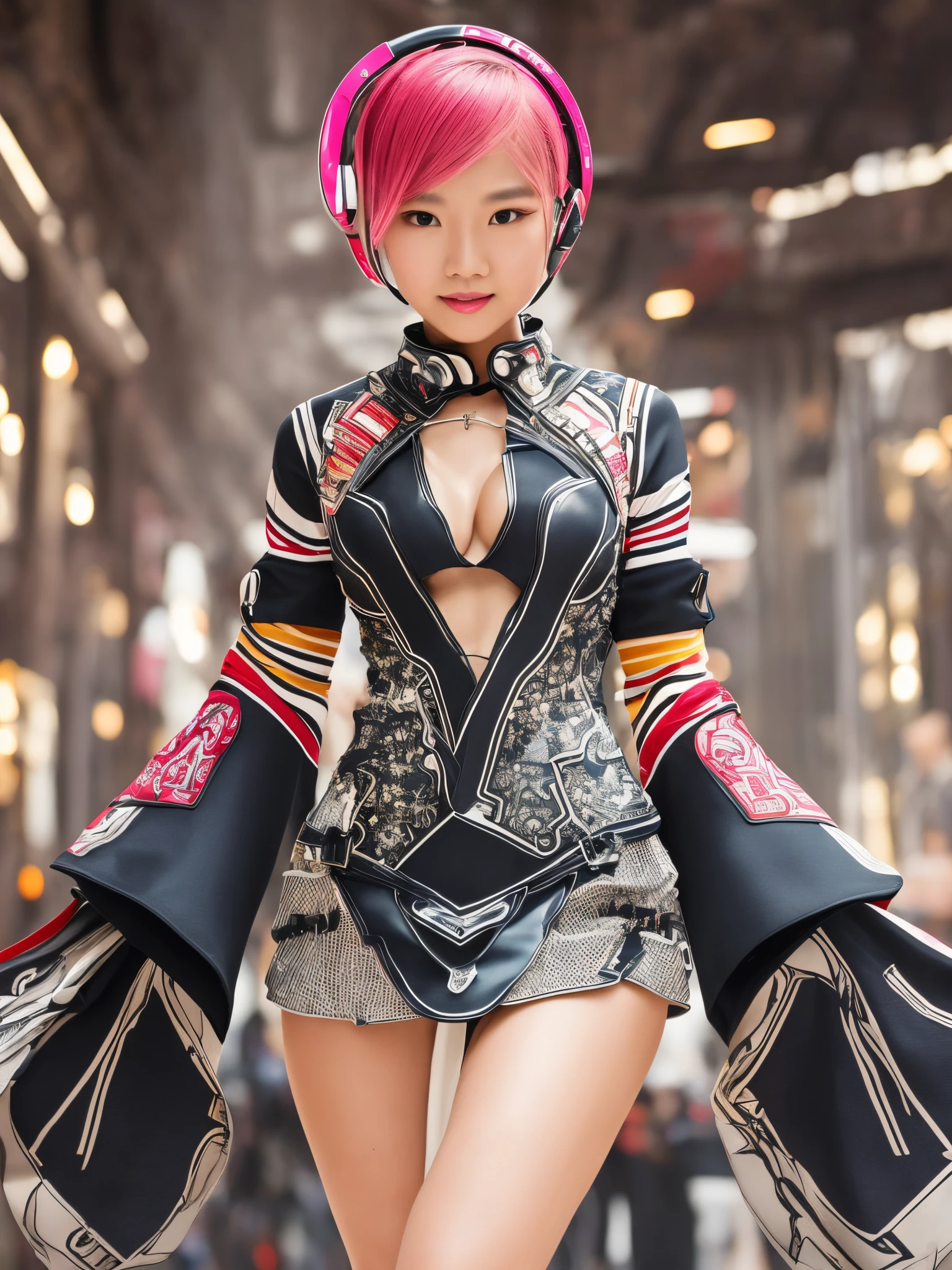 In a futuristic setting, a beautiful Chinese girl confidently strides forward, adorned in a cutting-edge exoskeleton suit that seamlessly combines advanced technology with a touch of elegance. Her slightly plump figure is gracefully accentuated by a stylish mini skirt and a low-cut, one-piece dress. The fusion of these fashion elements creates a captivating ensemble that exudes both confidence and charm. With a radiant smile, she showcases a unique style that seamlessly blends modern aesthetics with the powerful allure of futuristic machinery. The combination of high-tech features and a fashion-forward approach results in a striking and vibrant appearance, highlighting the intersection of innovation and individuality. As she walks, her slender legs peek out from the mini skirt, adding a touch of allure to the overall ensemble. This vision of the future not only showcases technological prowess but also celebrates the girl's youthful vitality and creative fashion choices, making her a symbol of dynamic beauty in the evolving landscape of style and technology. --auto --s2