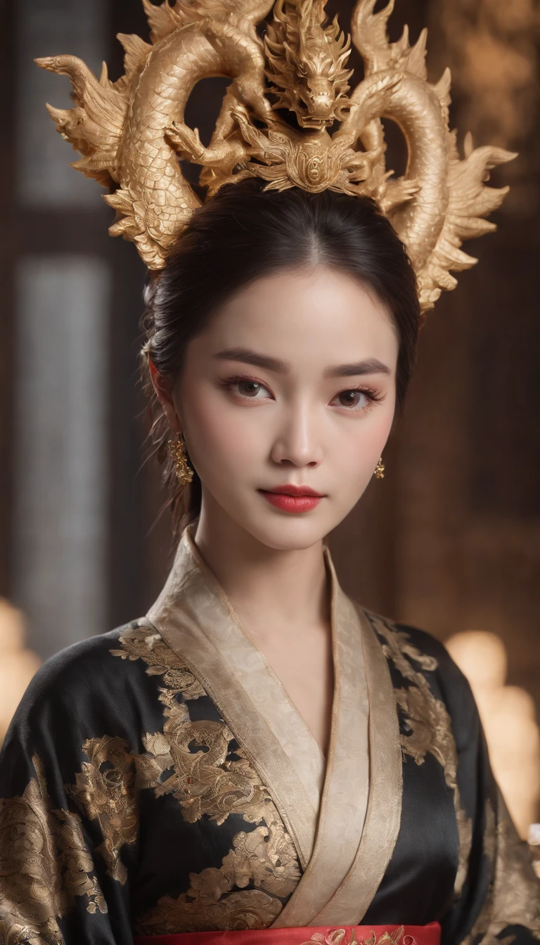 (best quality,4k,highres,masterpiece:1.2),ultra-detailed,realistic,portrait,detailed eyes,noble expression,detailed lips,long eyelashes,[Imperial Dragon Robe],gold and black,dragon embroidered,regal posture,emperor,throned on a Dragon Throne,ornate,[Golden Luanyan Palace],grand,royal atmosphere,decorated surroundings,flickering candlelight,vivid colors,bokeh.