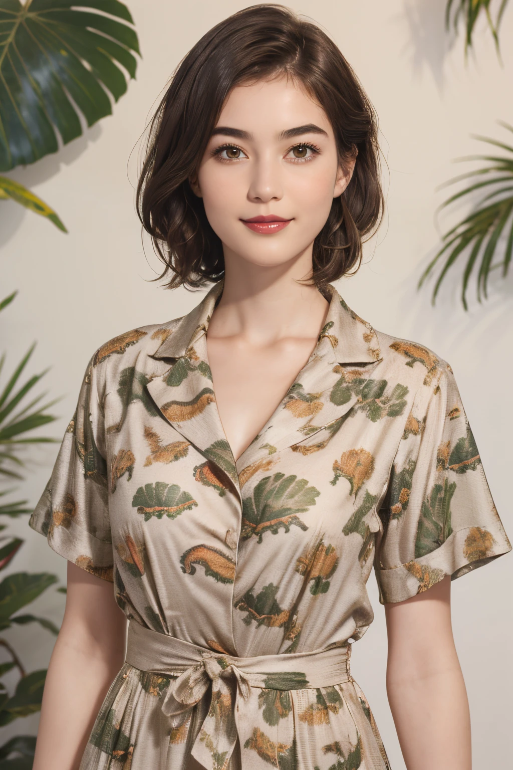 113
(a 20 yo woman,is standing), (A hyper-realistic), (high-level image quality), ((beautiful hairstyle 46)), ((short-hair)), (Gentle smile), (breasted:1.1), (wildlife print clothing), (There is a chameleon), (lipsticks)