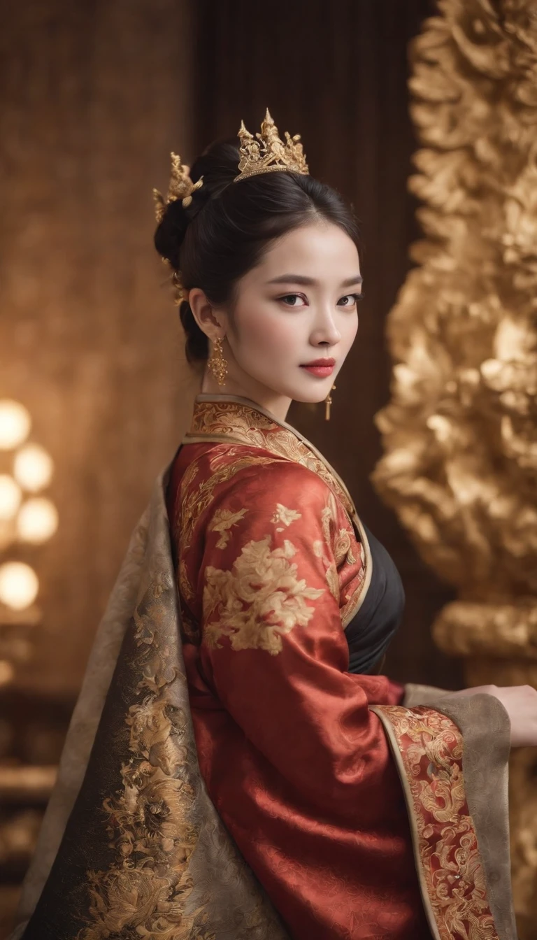(best quality,4k,highres,masterpiece:1.2),ultra-detailed,realistic,portrait,detailed eyes,noble expression,detailed lips,long eyelashes,[Imperial Dragon Robe],gold and black,dragon embroidered,regal posture,emperor,throned on a Dragon Throne,ornate,[Golden Luanyan Palace],grand,royal atmosphere,decorated surroundings,flickering candlelight,vivid colors,bokeh.