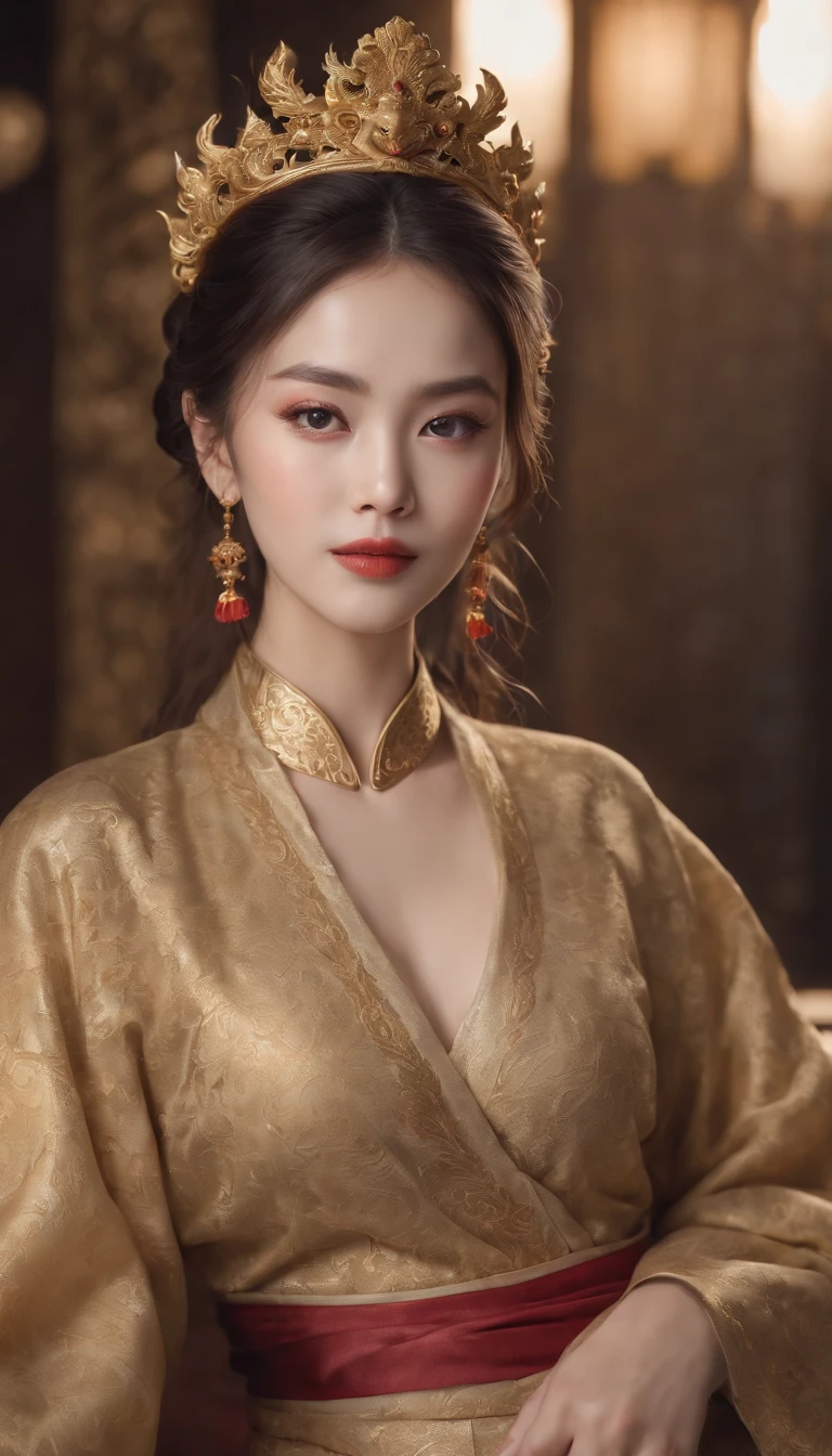 (best quality,4k,highres,masterpiece:1.2),ultra-detailed,realistic,portrait,detailed eyes,noble expression,detailed lips,long eyelashes,[Imperial Dragon Robe],gold and black,dragon embroidered,regal posture,emperor,throned on a Dragon Throne,ornate,[Golden Luanyan Palace],grand,royal atmosphere,decorated surroundings,flickering candlelight,vivid colors,bokeh.