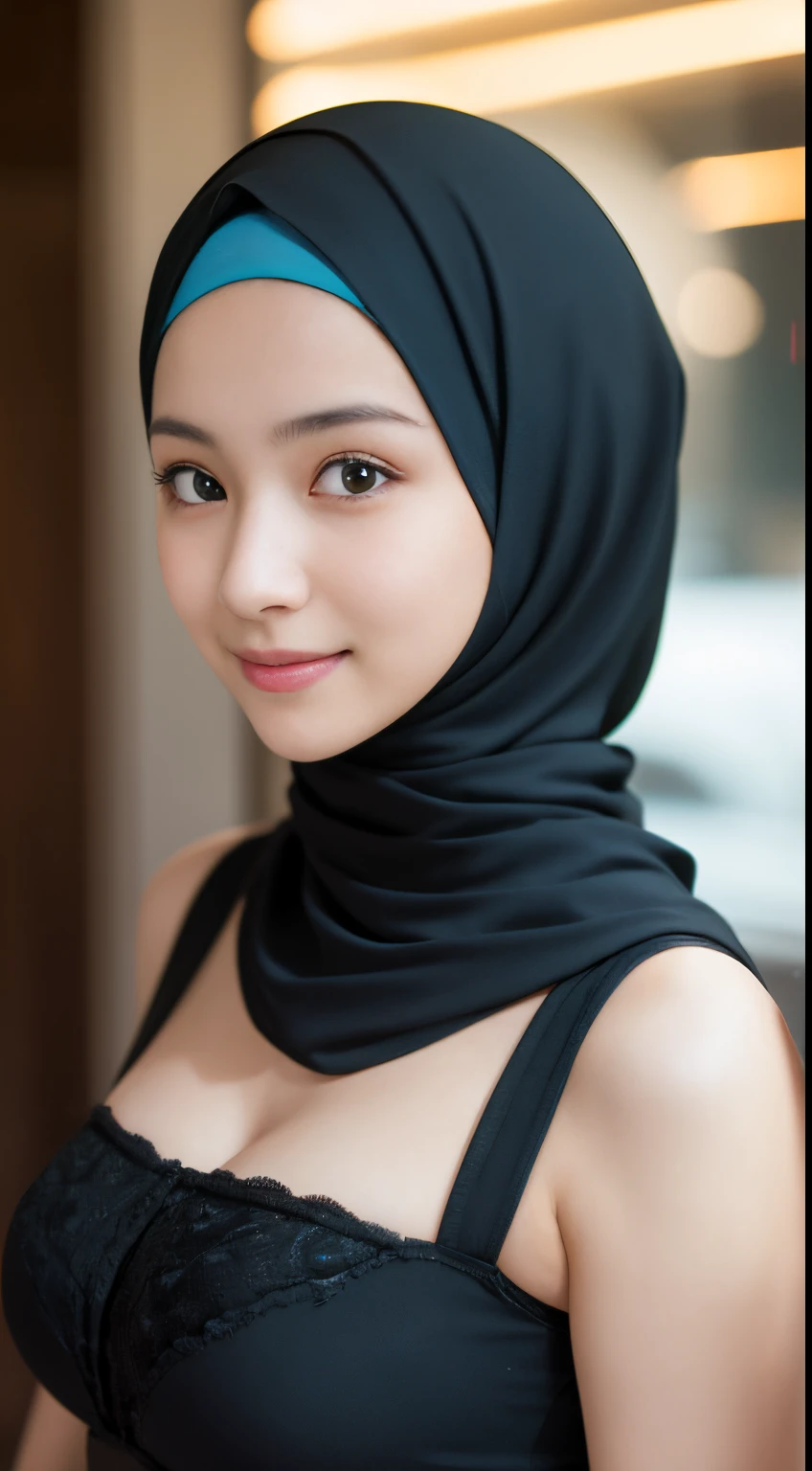 colorful bellydancer, harem, cleavage, (((hijabi))), masterpiece, best quality, 8k, 18yo, teen, raw photo, absurdres, award winning portrait, smile, smile, solo, night, neon, idol face, violaceaess, gardeniass, delicate girl, DSLR, looking at viewer, candid, sophisticated, youthful, thin arms, professional lighting, film grain, chromatic aberration, (detailed eyes and face:1.0), (bokeh:1.1)