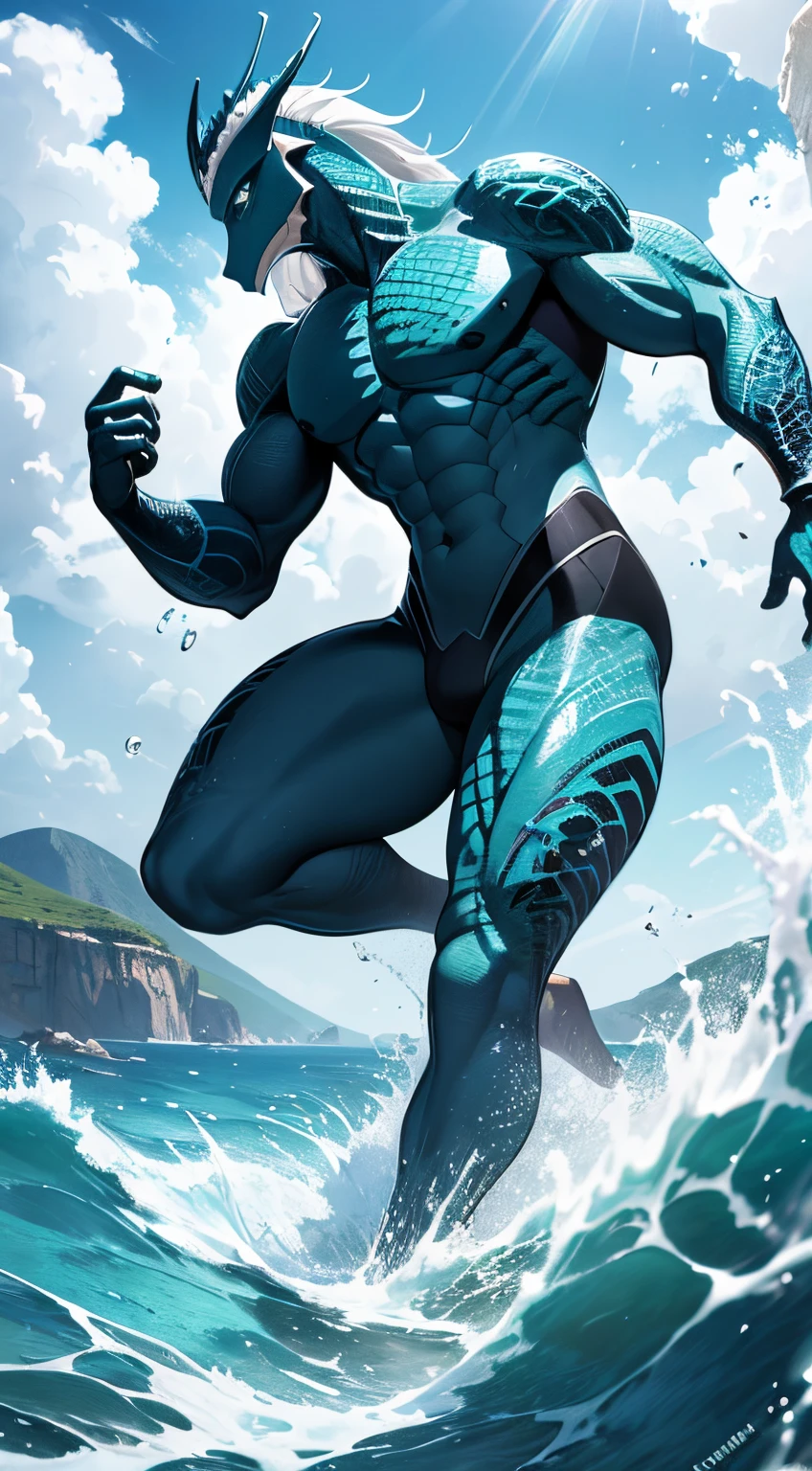 Arad man in blue and white clothes standing by the sunny sea, muscular male hero, conceptual art like Ernest Khalimov, heroic male pose, muscular! Wearing black sunglasses, round head Buzz Cut, cyberpunk, stealth suit, super buff and cool, high resolution committee, Chris Redfield, Jigachard muscle, Ernest Khalimov body, character design police, black military boots, charismatic strong male with armor