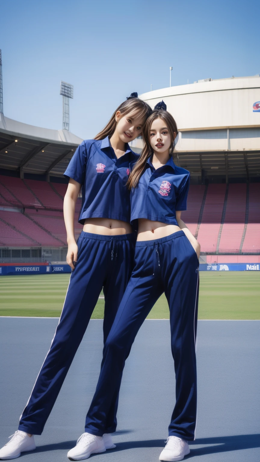 absurderes, Raw photo, Extremely delicate and beautiful, masutepiece, Best Quality, Ultra High Resolution, 16 K, hyper realisitic, Ultra-detailed, Perfect Anatomy, Ultra-detailed細なスキン, Perfect figure, Very detailed CG 8k wallpaper, in her 20s, Very slim body, Narrow waist, Very small head, Very small face, Very detailed face, Very detailed eyes, tear moles, Earring, thin legs, ((very massive round chest)), ((2 girls)), ((Full body shot)), Bare legs, Short hair, Wavy Hair, light brown hair, ((football uniform)), (Locker Room), Sleeveless, Midriff,