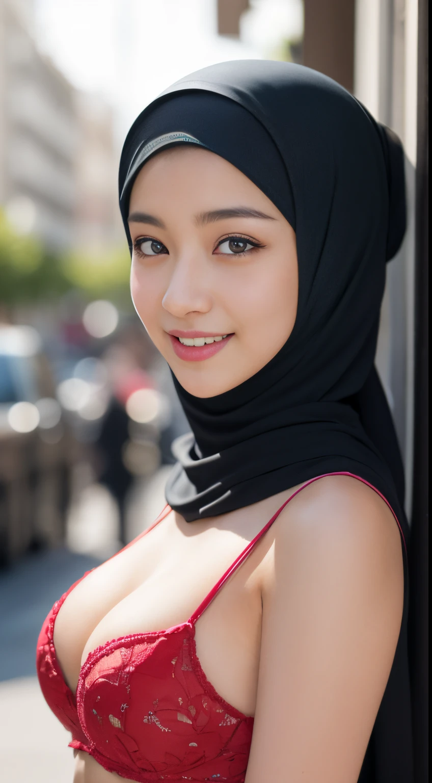 colorful bellydancer, harem, cleavage, (((hijabi))), masterpiece, best quality, 8k, 18yo, teen, raw photo, absurdres, award winning portrait, smile, smile, solo, night, neon, idol face, violaceaess, gardeniass, delicate girl, DSLR, looking at viewer, candid, sophisticated, youthful, thin arms, professional lighting, film grain, chromatic aberration, (detailed eyes and face:1.0), (bokeh:1.1)