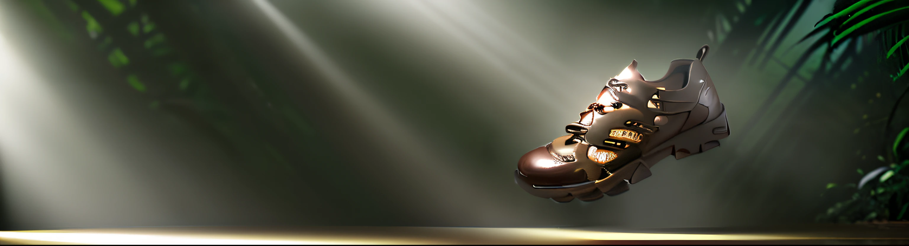 （a huge brown travel shoe），tmasterpiece，Best quality，The best reflections，（Very detailed CG units 8k）（Best quality）（The best illustrations）（The best shadow），（exquisite leaves），Tall trees，Rainforest theme with natural elements，（nature elements），（Rainforest theme），（rainforest in the distance），（nature elements）Octagonal rendering，Ray traching，ultra - detailed，Cinematic light and shadow