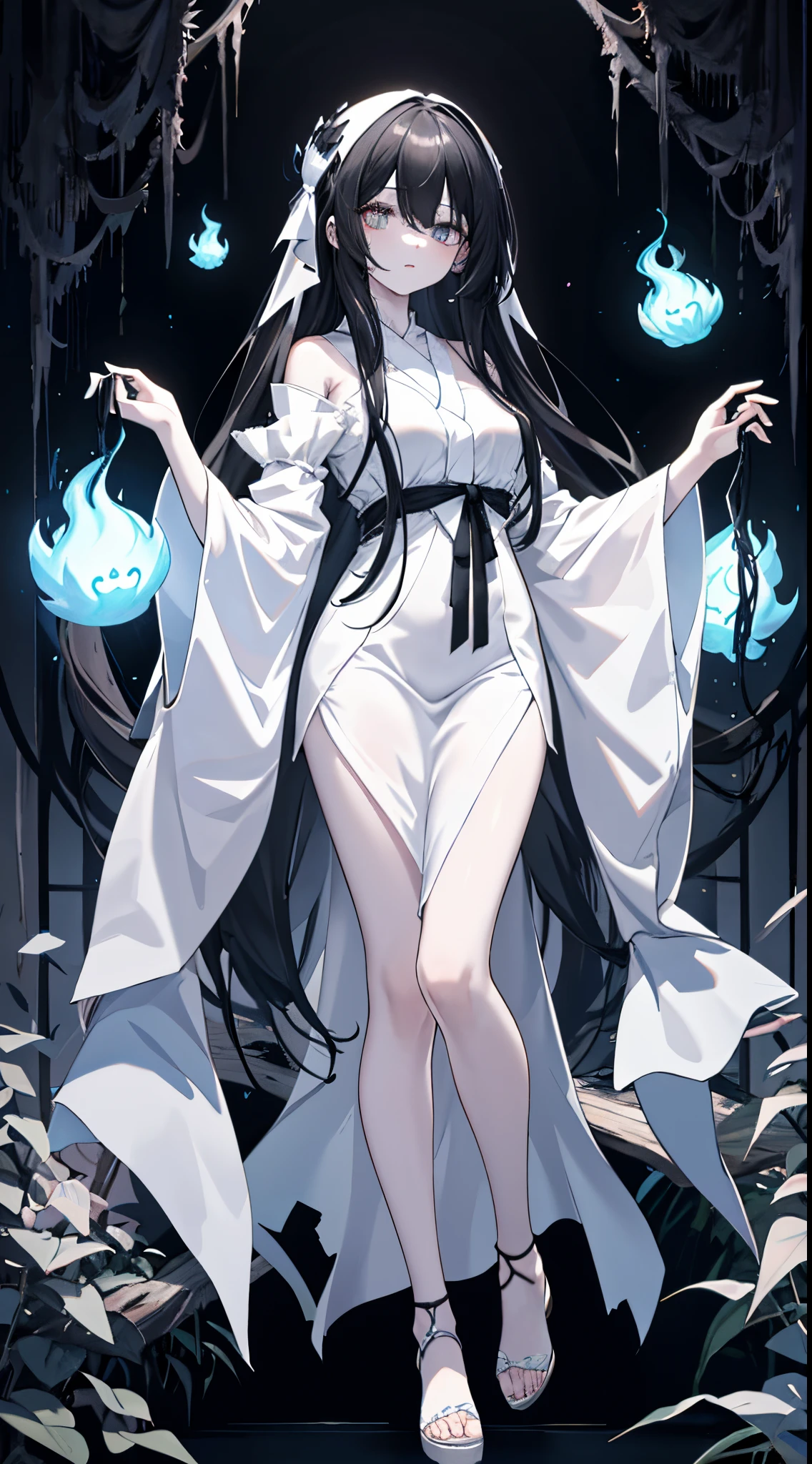 ((full body)), Beautiful ghost, peeling skin, ((black long hair)), pale glowing skin, enchanting and mysterious atmosphere, horror, cute, ((white ghost costume))