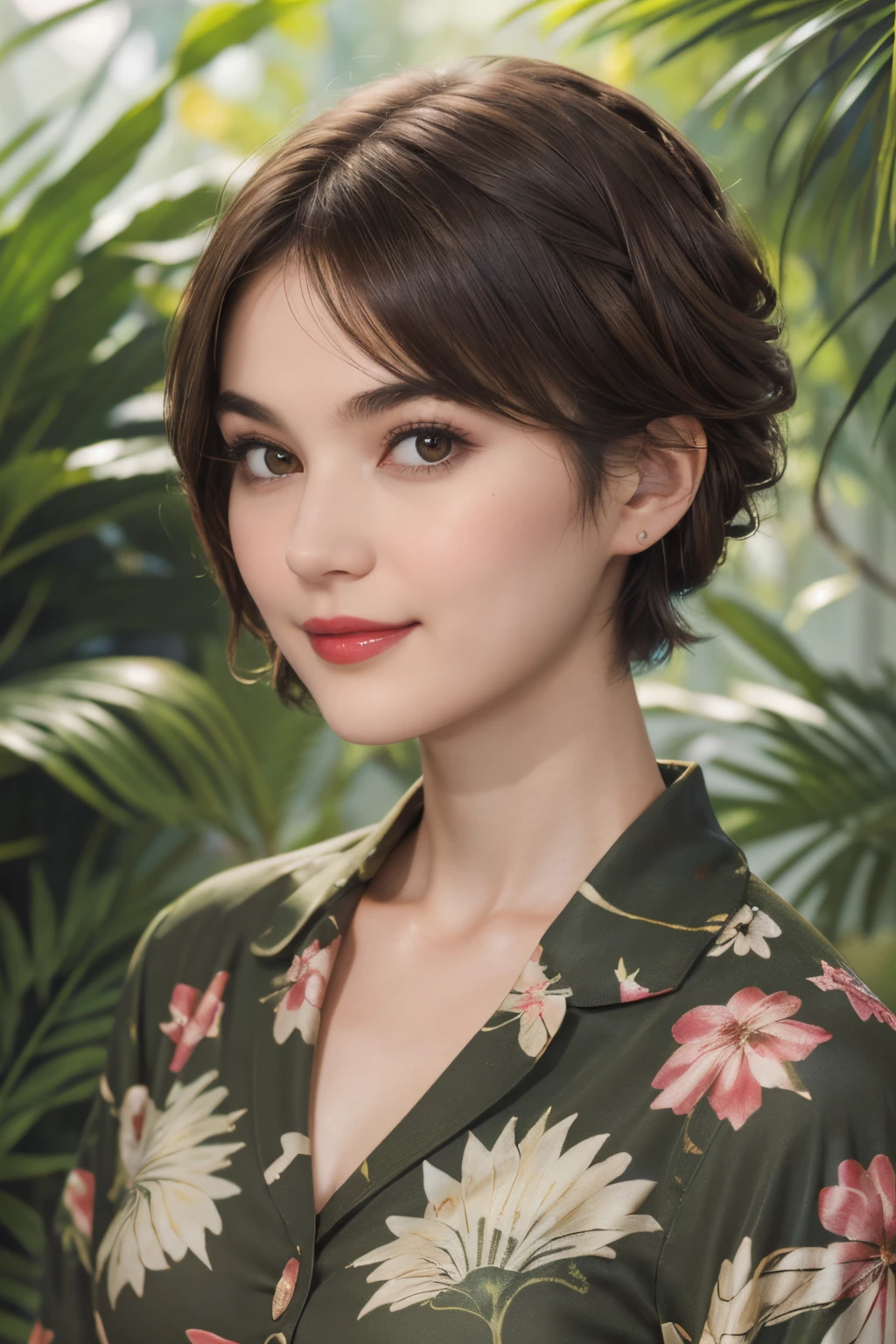 113
(a 20 yo woman,is standing), (A hyper-realistic), (high-level image quality), ((beautiful hairstyle 46)), ((short-hair)), (Gentle smile), (breasted:1.1), (wildlife print clothing), (There is a chameleon), (lipsticks)