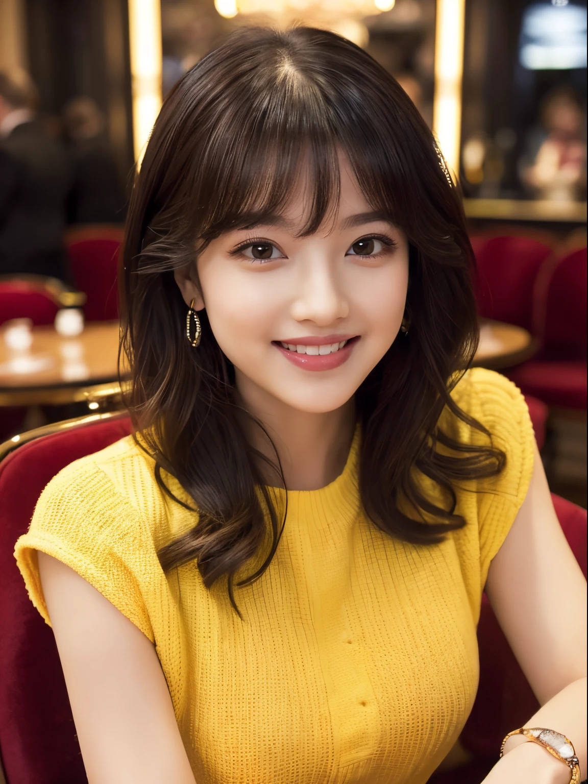 ((Top Quality, 8K, Masterpiece: 1.2)), Beautiful, Pure, Melon Face, Kind and Cute, Sweet Smile, Pure Desire, Slender Body, ((Front)), (Looking at Camera), Wearing a Casual Suit, Medium Hair, long flowing shoulders, big round black eyes, big clear eyes, moist red lips, sweet, sitting on a chair, cafe background, ((waist shot)),
