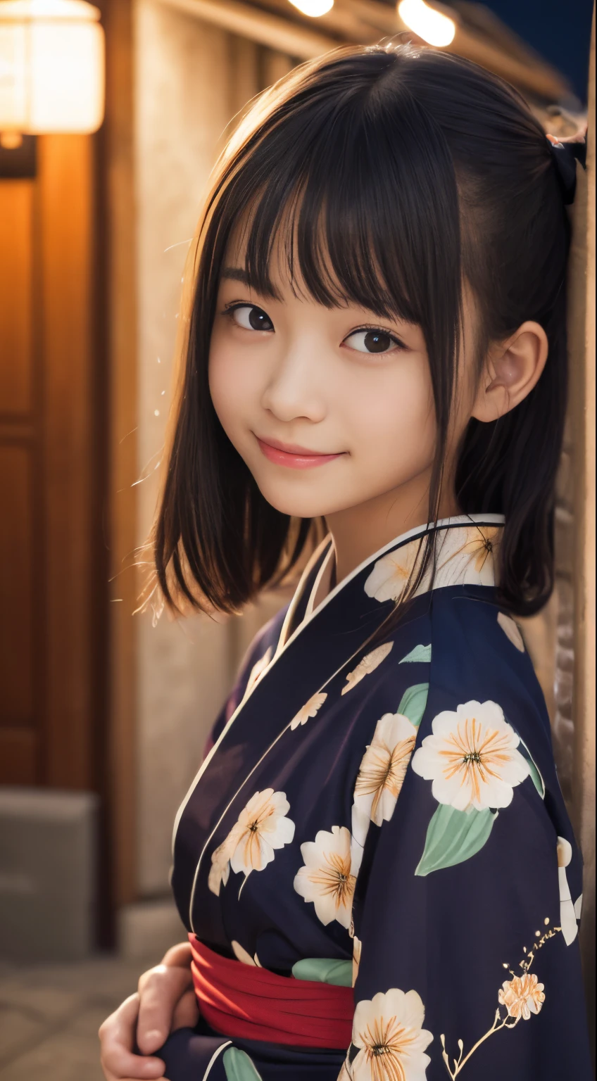 masutepiece, Best Quality, 8K, 8years old, Teen, Raw photo, absurderes, award winning portrait, Smile, Solo, (Night:1.8), Idol face, Delicate girl, Upper body, Digital SLR, Looking at Viewer, Candid, Sophisticated,Thin arms, Professional Lighting, Film grain, chromatic abberation, (Eyes and faces with detailed:1.0), (Bokeh:1.1) , (Ninja kimono:1.1) , closes mouth