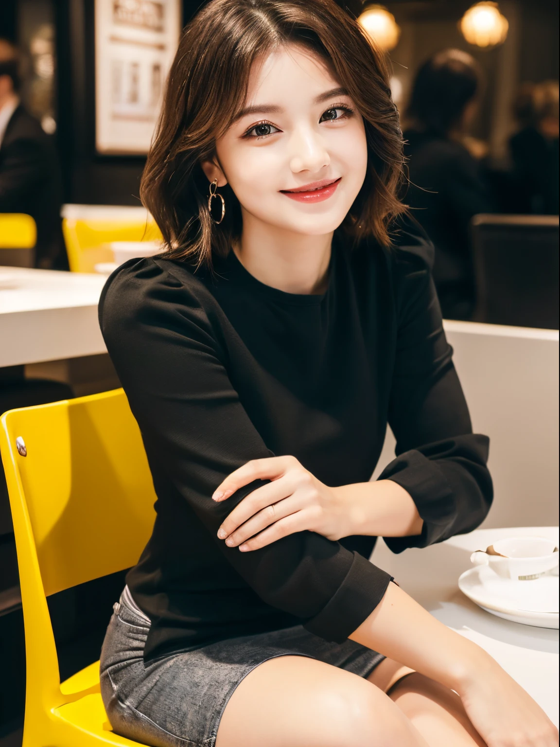 ((Top Quality, 8K, Masterpiece: 1.2)), Beautiful, Pure, Melon Face, Kind and Cute, Sweet Smile, Pure Desire, Slender Body, ((Front)), (Looking at Camera), Wearing a Casual Suit, Medium Hair, long flowing shoulders, big round black eyes, big clear eyes, moist red lips, sweet, sitting on a chair, cafe background, ((waist shot)),