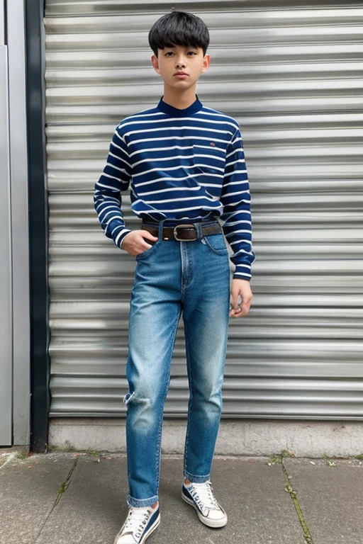 A boy wearing a striped rugby shirt, denim hot pants, a leather belt, and sneakers.