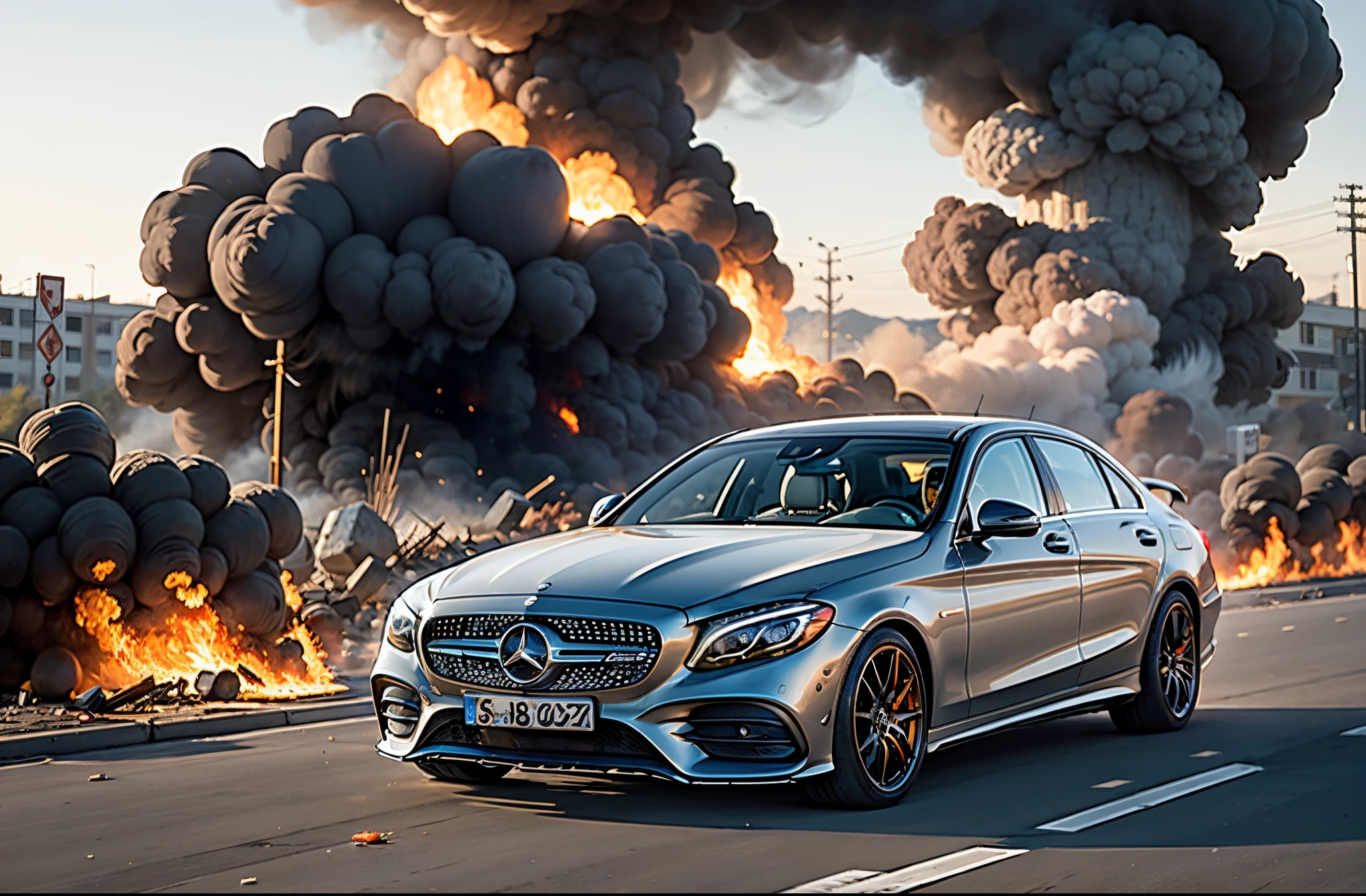 Picture of a Mercedes Benz driving away from an explosion
