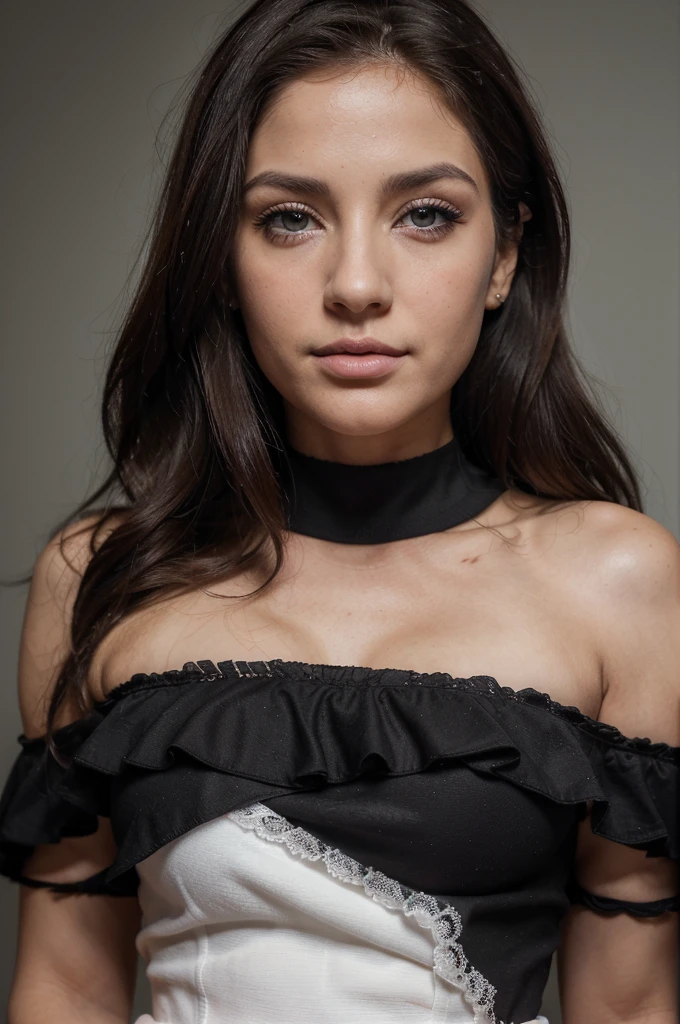 (mejor calidad, ultra detallado) (retrato, hermosos ojos detallados, hermosos labios detallados, ojos y rostro extremadamente detallados), piel clara, cabello negro, ojos estrechos, labios carnosos,de cuerpo completo ,vestido negro.