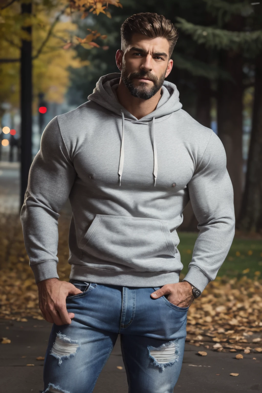 A characters portrait [muscular Soviet Union middle-aged man, hairy body, alpha male, huge biceps, ripped abs, shaggy hair, handsome, jeans pants, gray hoodie, white sneakers, seductive smile, my hero] autumn park, 4k, high detailed, beautiful, dark age, art by Stanley artgerm, by Daniel f gerhartz, by pino daeni, highly detailed, sharp focus.