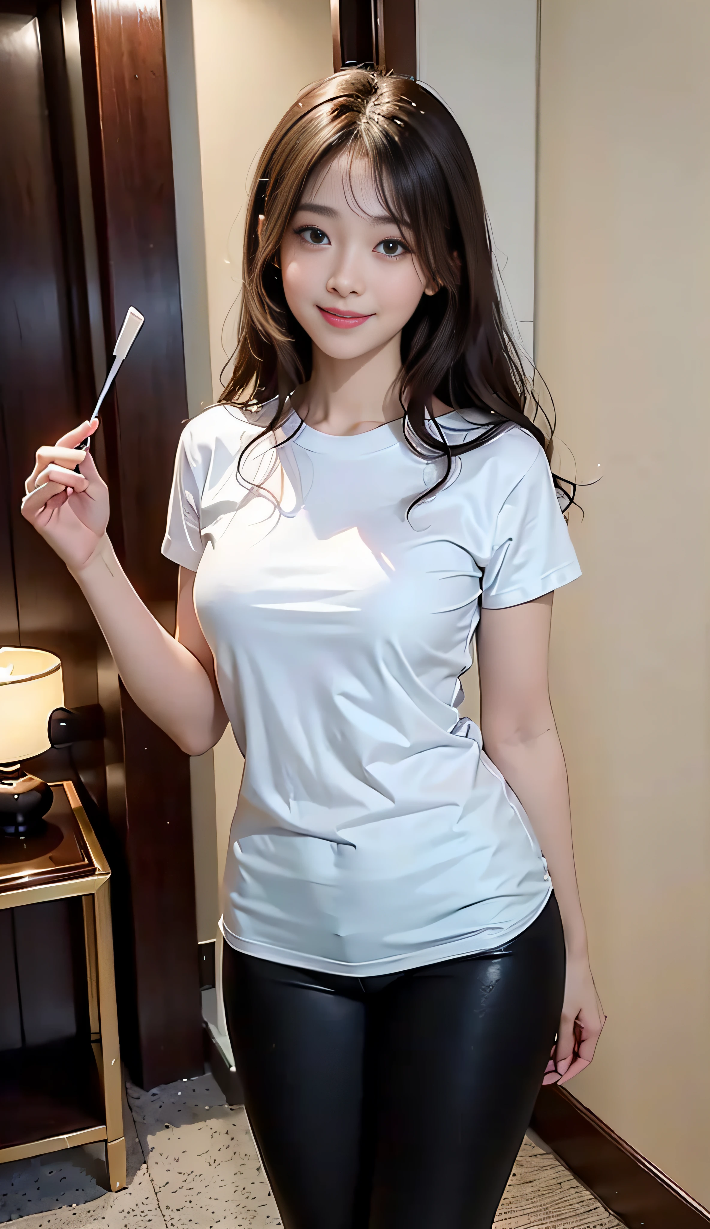 very large lips, happy, looking at viewer, smiling, holding a cream flan, (Raw photography、top-quality)、(realisitic、Photorealsitic:1.3)、top-quality、masterpiece、extremely delicate and beautiful, standing in open hotel room door, wearing tshirt and leggings, wavy hair