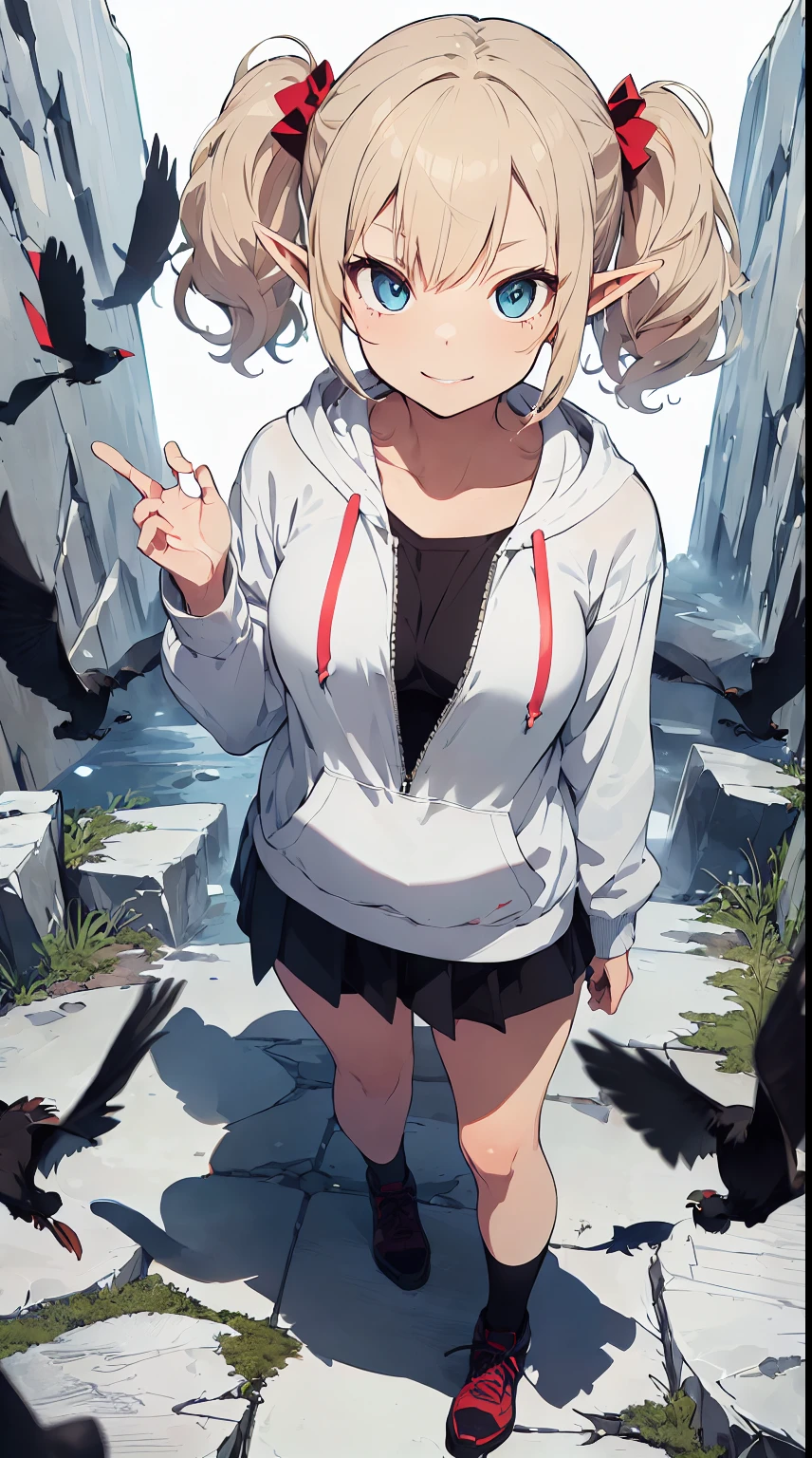 ((masterpiece, best quality)), ((flat colour)), sharp focus, ((Elf Woman, (1woman,solo))), ((white Blonde, Curly hair, twintails)), blue Eyes, ((White Hoodie)), Nike ACG, Tilting Head, light Smile, light pink lips, ((Canting (with cheeks))), big breast, full body, ((white background)), ((standing on cracked rocks)), wide angle, medium shot, ((cracked architecture)), ((flying black birds)), ((all kinds of red jewels)), squinting, By Yusuke Murata.
