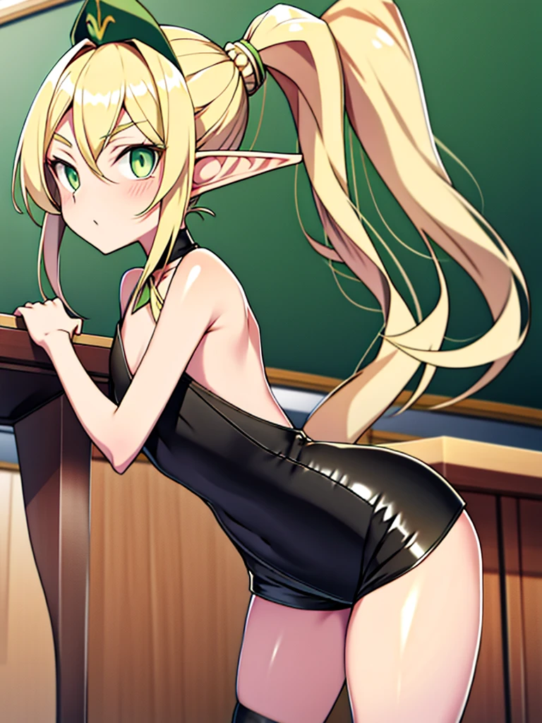 Flat chest, , blonde hair, big green eyes, low ponytail, parted bangs, (shiny skin:1.2), classroom, tight clothes, wide hips, thighs, full body, short shorts, (masterpiece:1), (abundant detail:1), arched back, elf ears