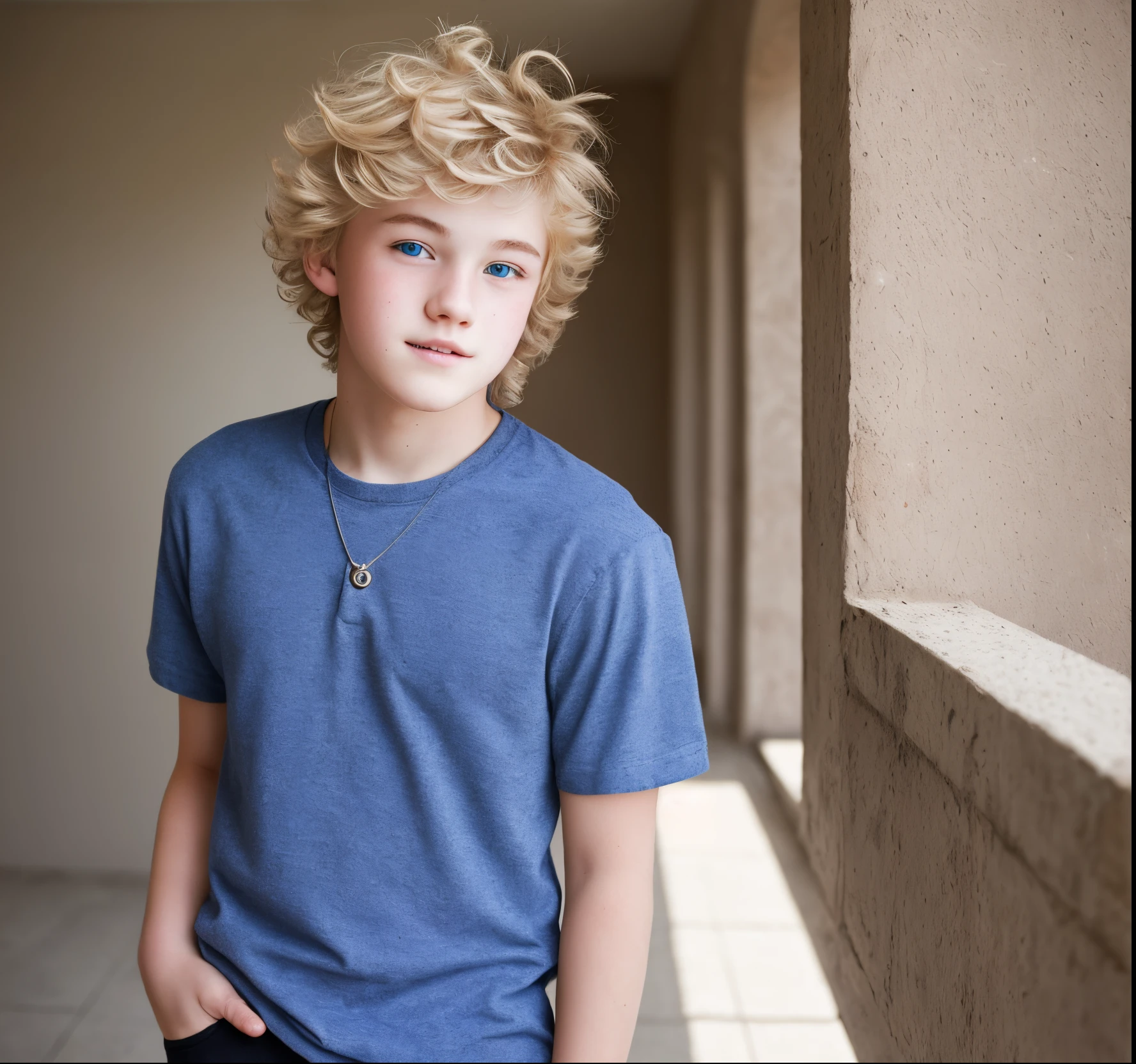Blonde boy with fluffy hair and blue eyes